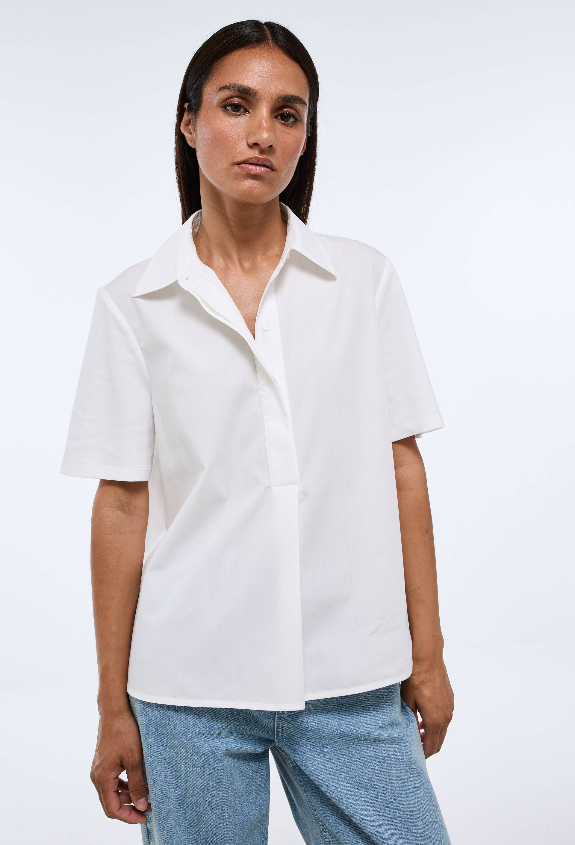 Chemise polo manches courtes en coton bi-mati&egrave;re, Ecru, large image number 0.0
