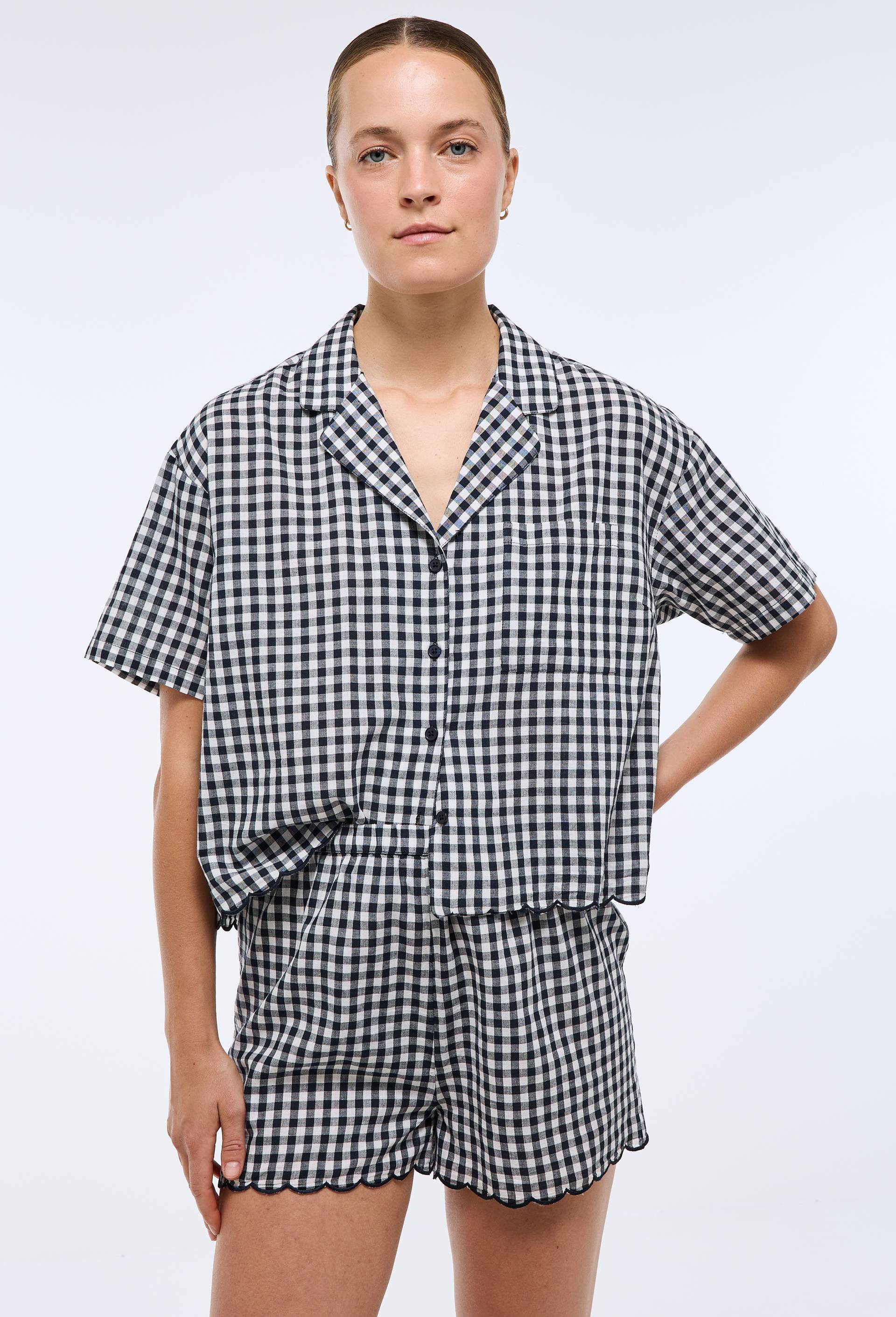 Pyjashort vichy en coton bio GOTS, Bleu fonc&eacute;, large image number 0