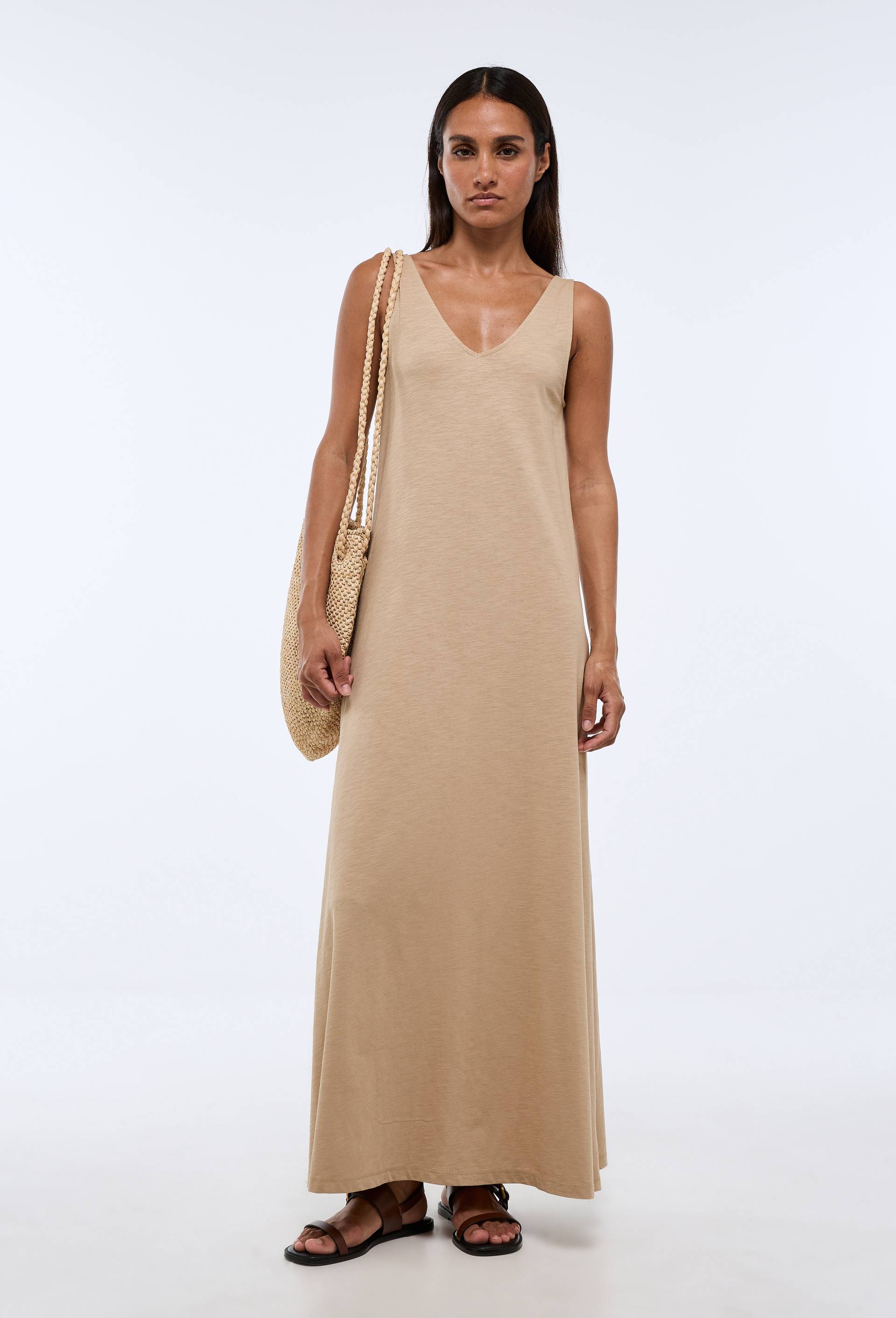 Robe longue unie en coton BIO GOTS, Ecru, swatch image