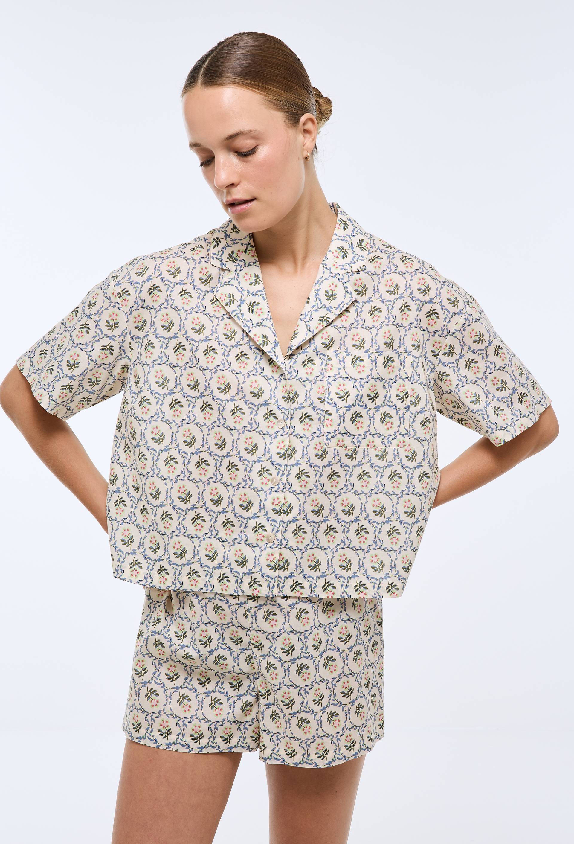 Pyjashort manches courtes imprim&eacute; en coton BIO GOTS, Beige clair, large image number 0.0