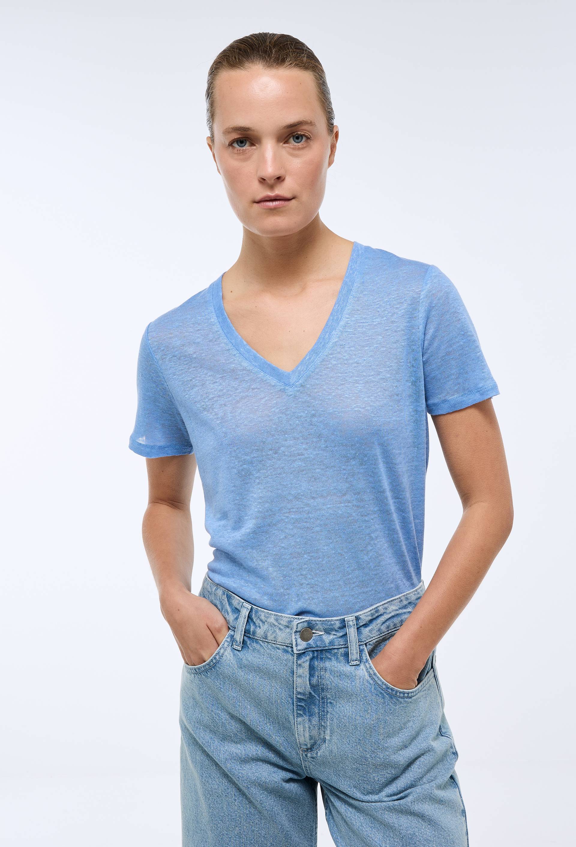 T-shirt manches courtes uni en lin, Bleu, swatch image