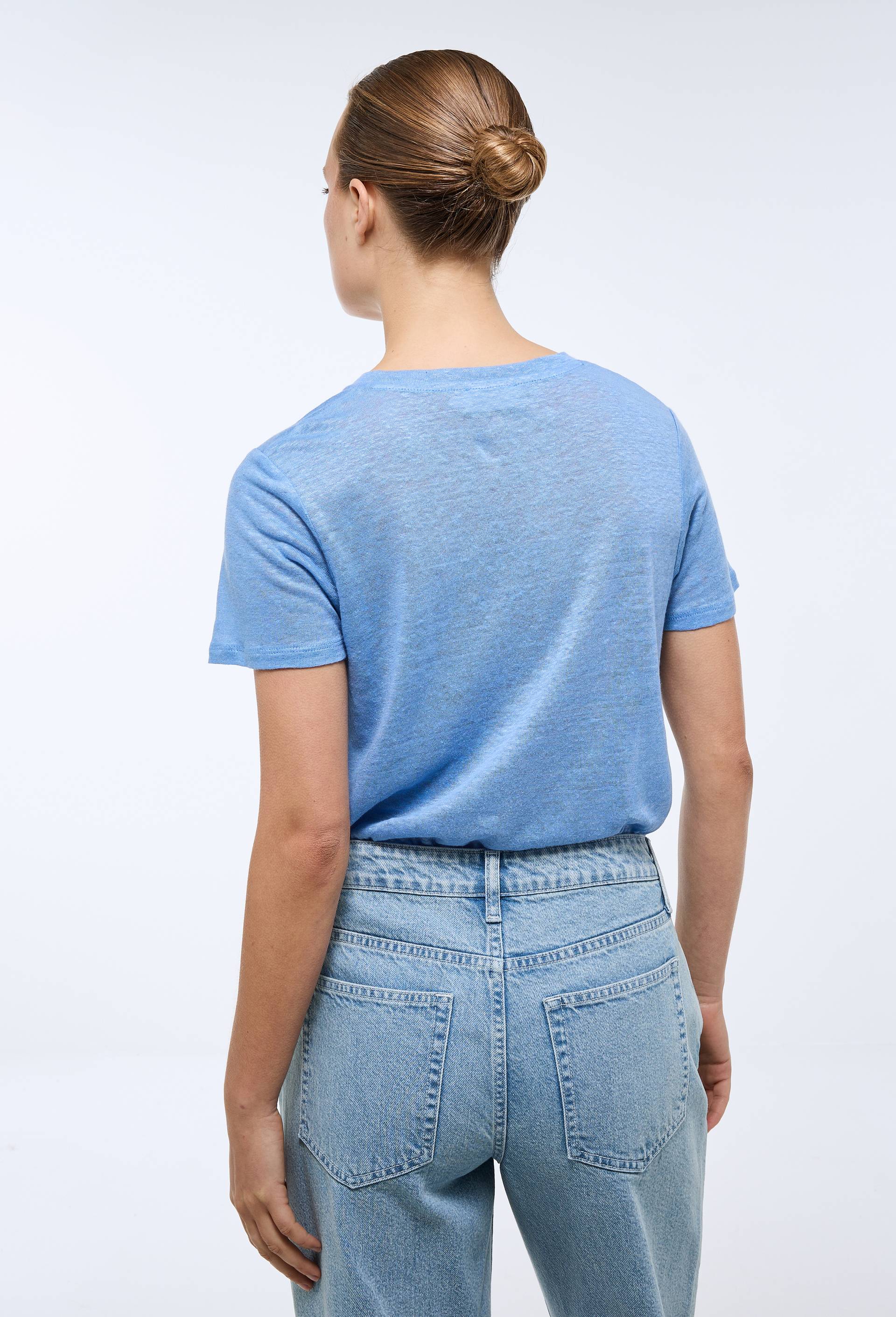 T-shirt manches courtes uni en lin, Bleu, large image number 1.0
