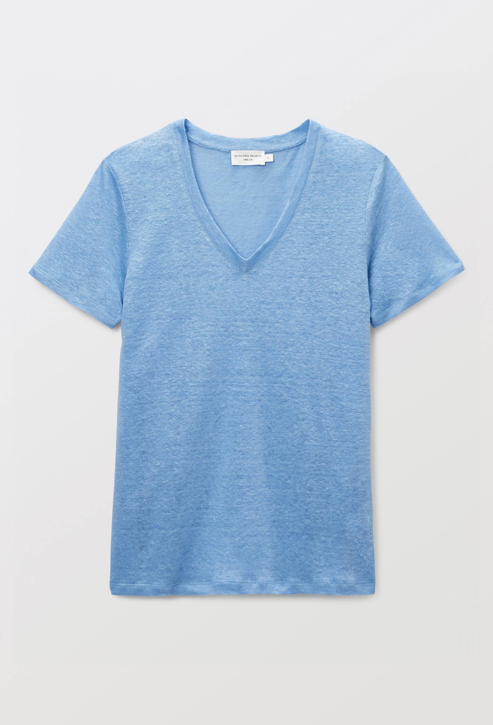 T-shirt manches courtes uni en lin, Bleu, large image number 2