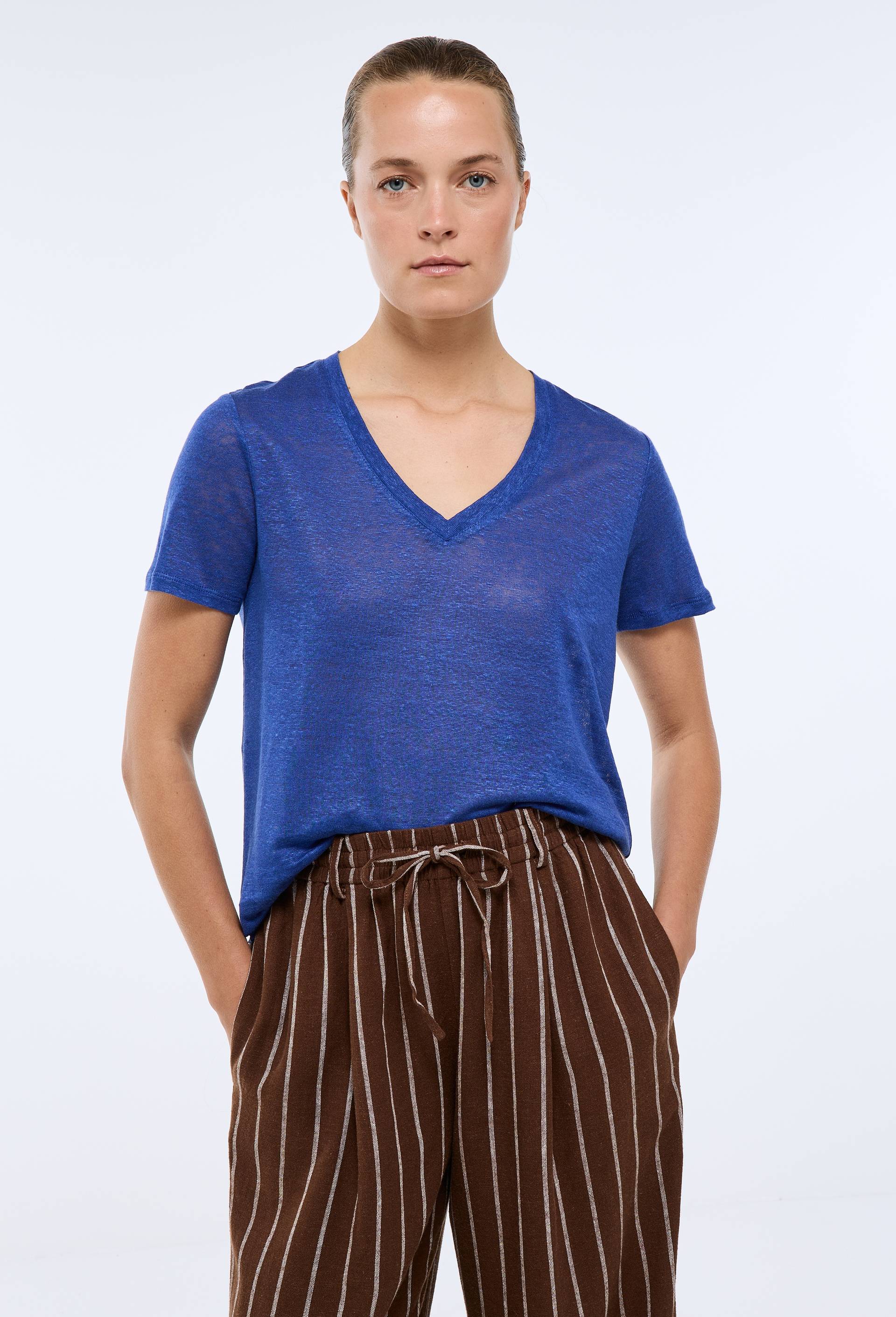 T-shirt manches courtes uni en lin, Bleu, large image number 0