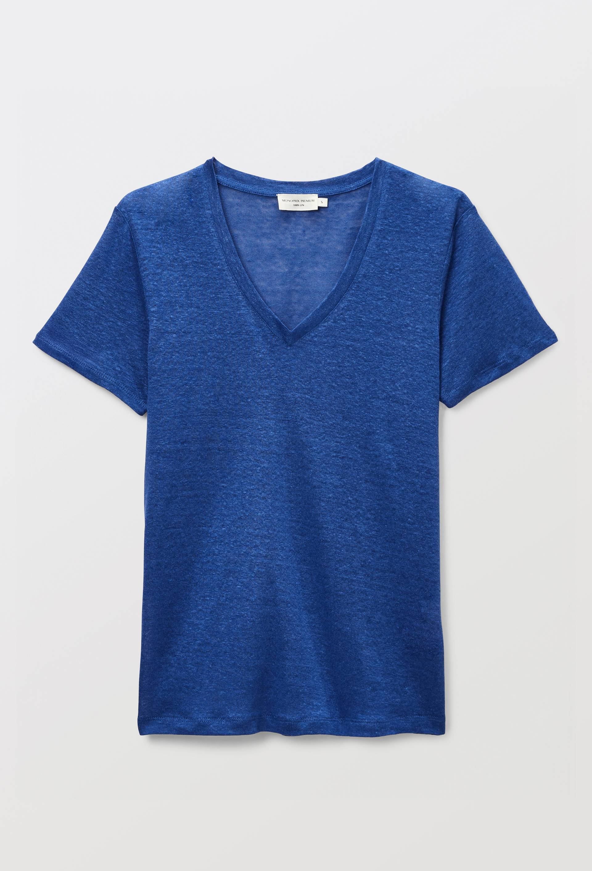 T-shirt manches courtes uni en lin, Bleu, large image number 2.0