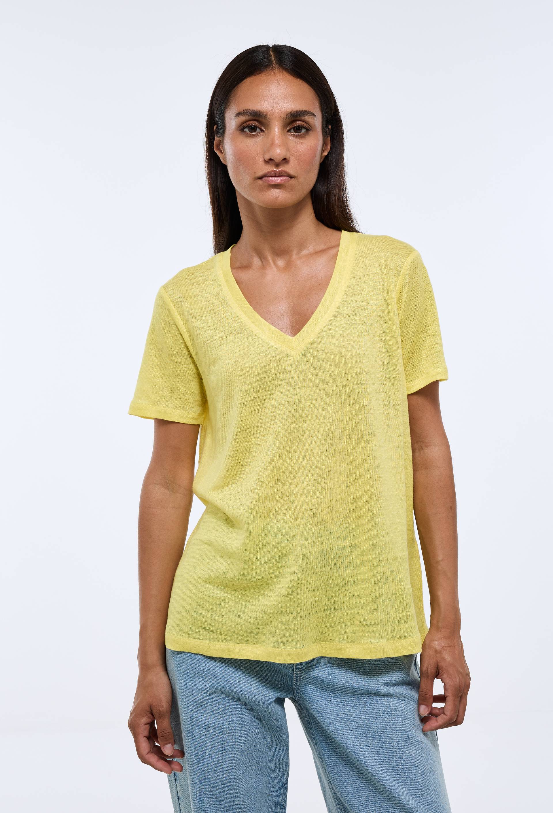 T-shirt manches courtes uni en lin, Jaune, large image number 0