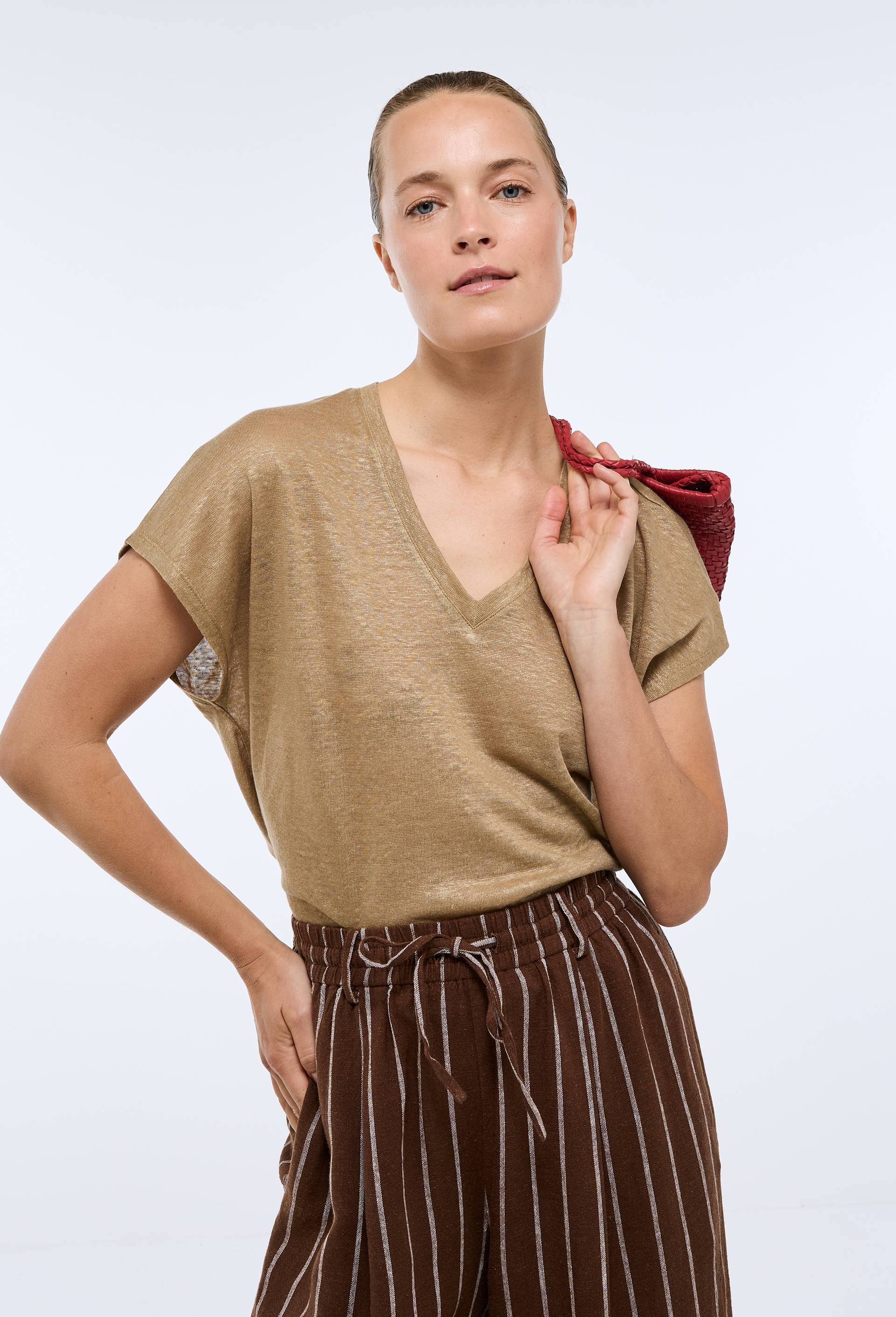 T-shirt manches courtes m&eacute;tallis&eacute; en lin, Ecru, swatch image