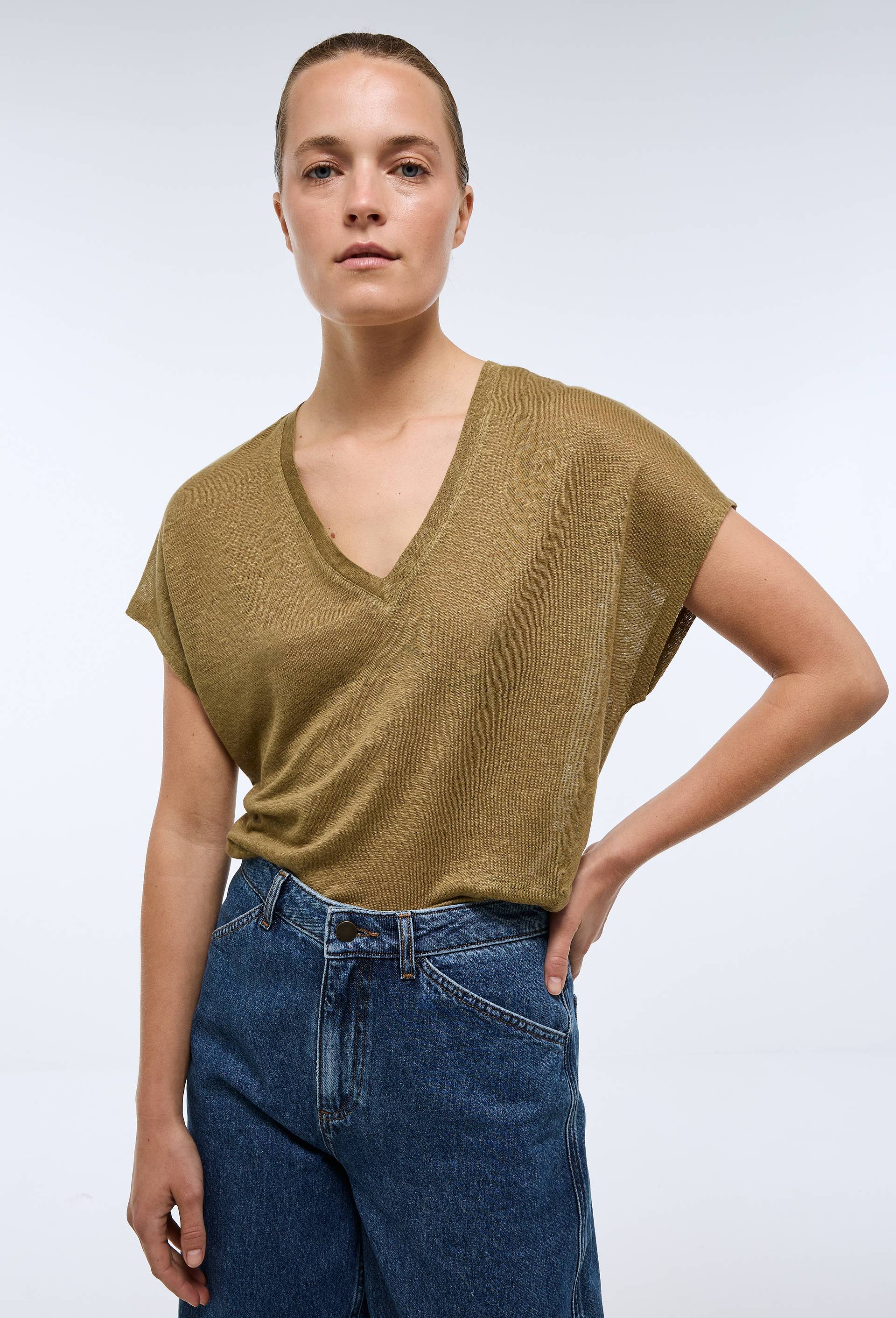 T-shirt manches courtes m&eacute;tallis&eacute; en lin, Jaune fonc&eacute;, swatch image