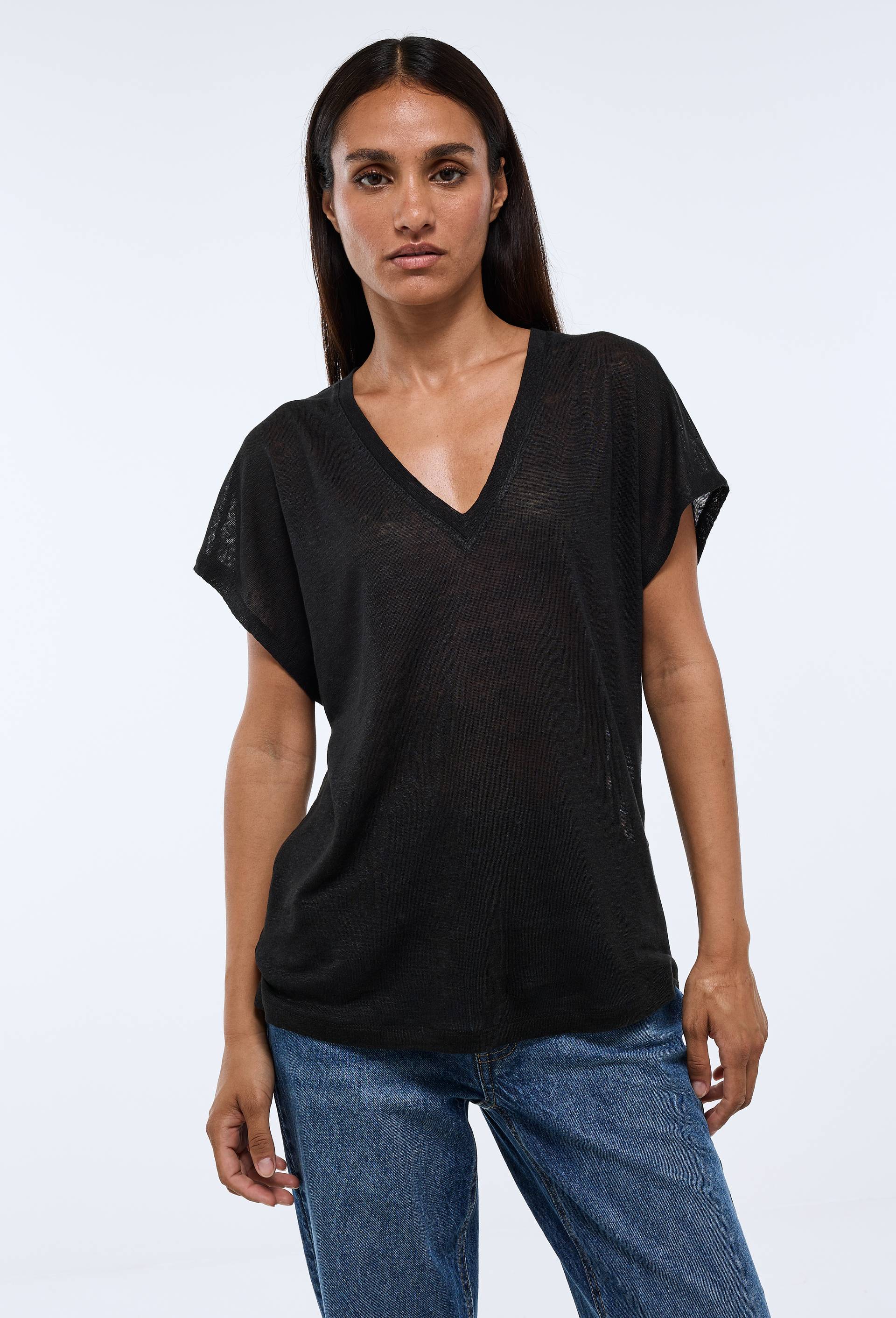 T-shirt manches courtes m&eacute;tallis&eacute; en lin, Noir, swatch image