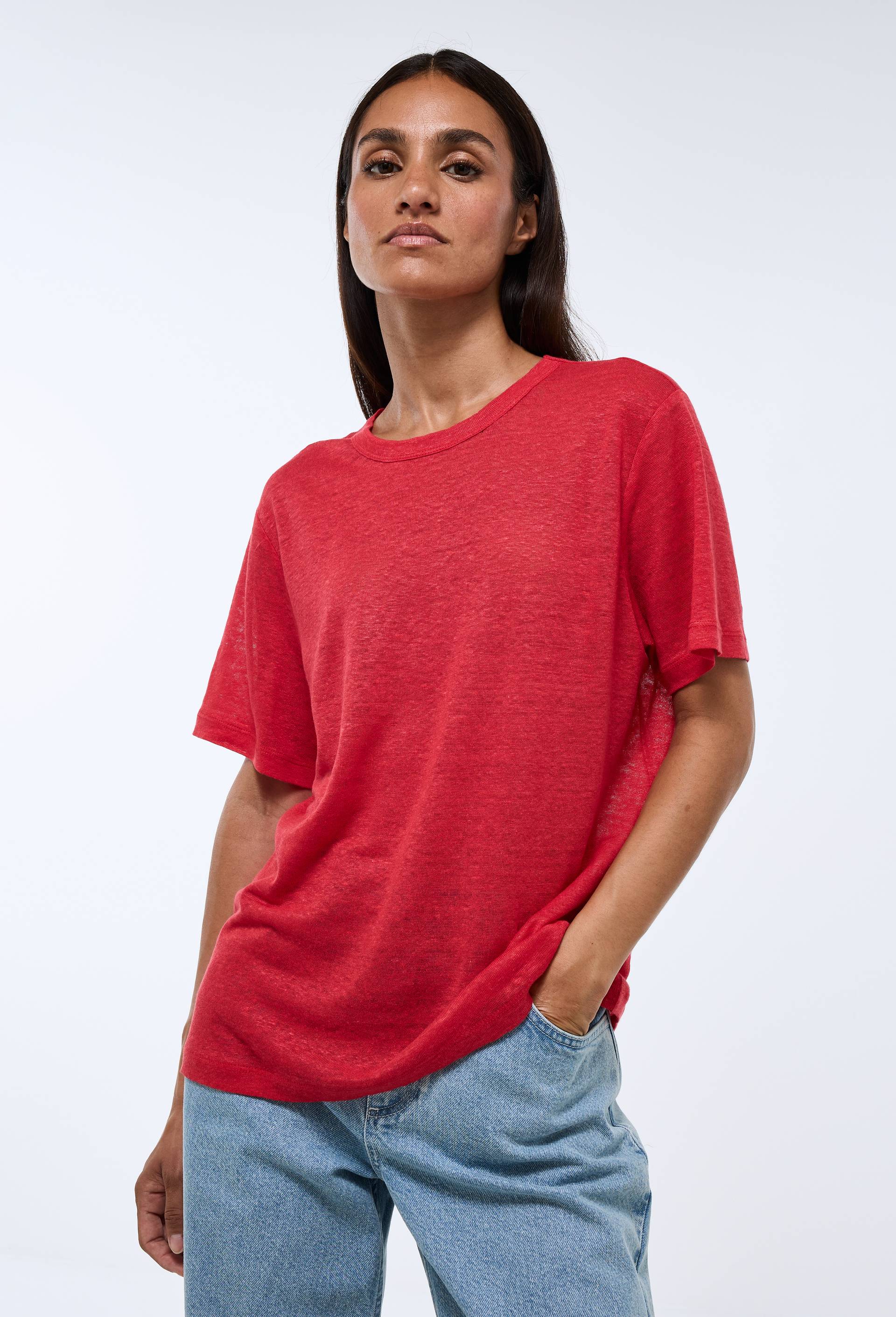 T-shirt &agrave; manches courtes uni en lin, Rouge, swatch image