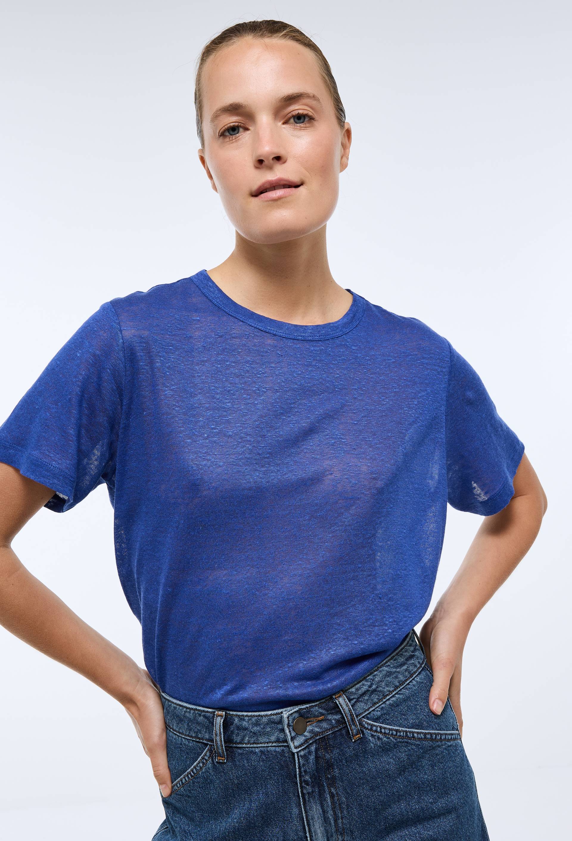 T-shirt &agrave; manches courtes uni en lin, Bleu, swatch image