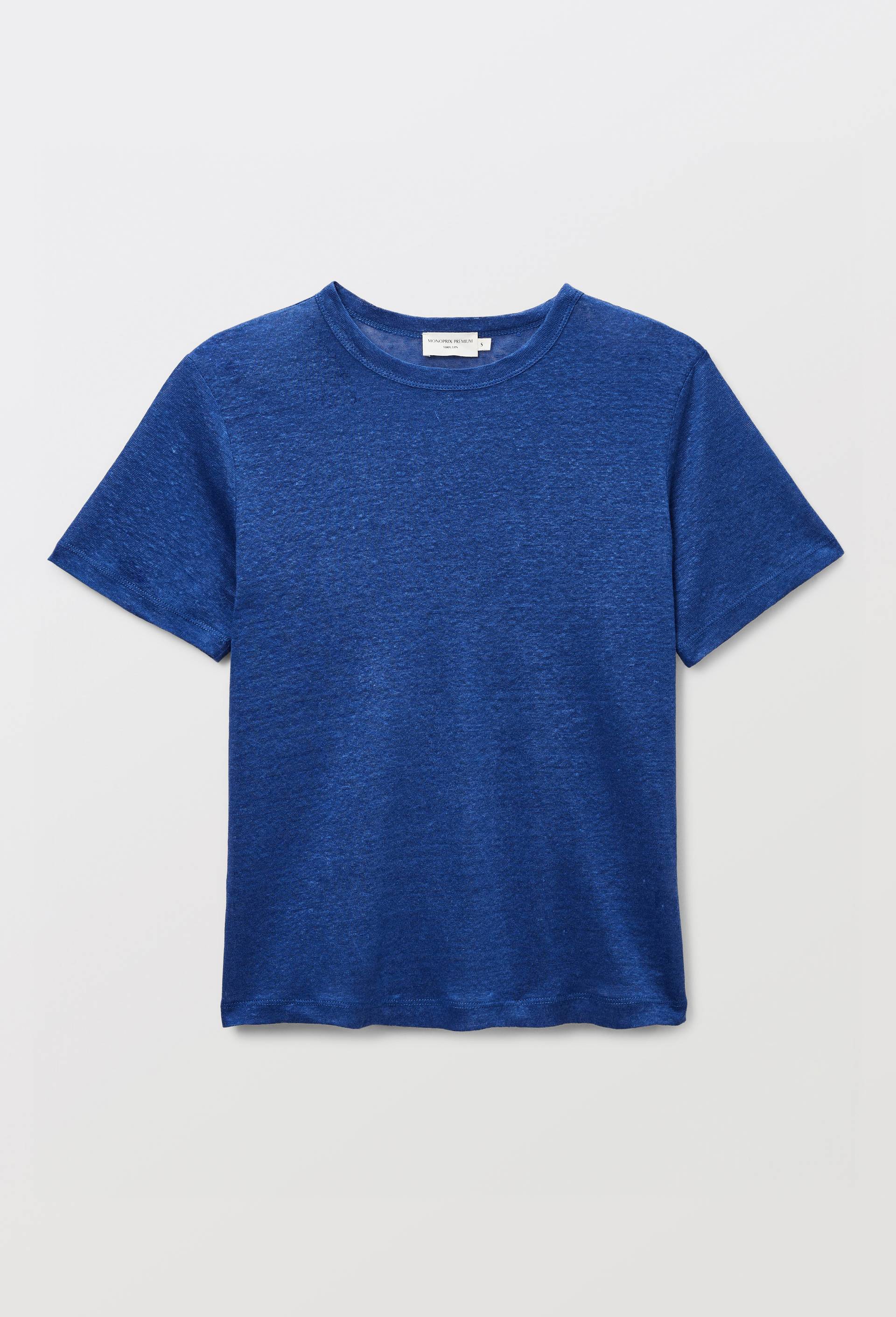 T-shirt &agrave; manches courtes uni en lin, Bleu, large image number 2