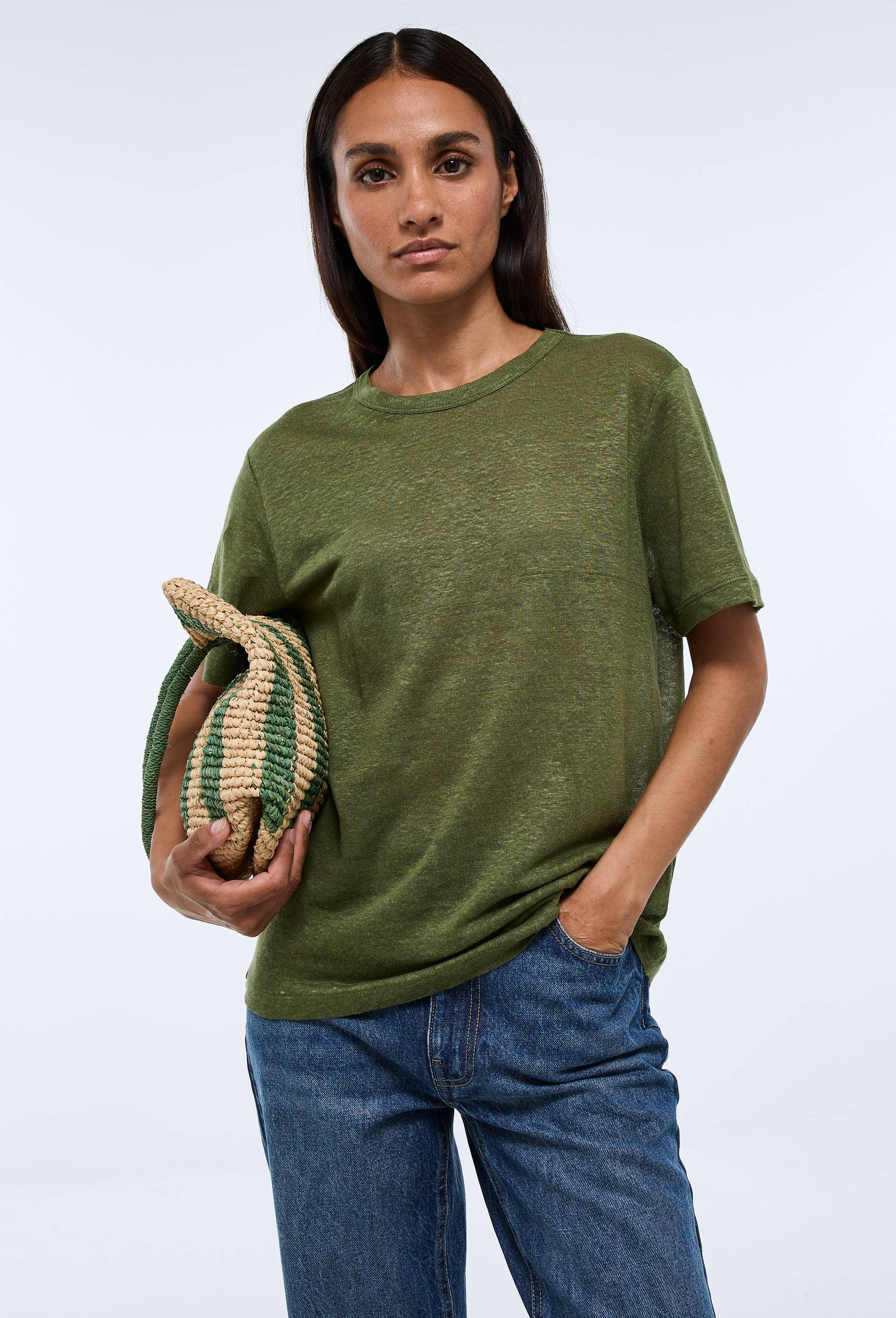 T-shirt &agrave; manches courtes uni en lin, Vert fonc&eacute;, swatch image