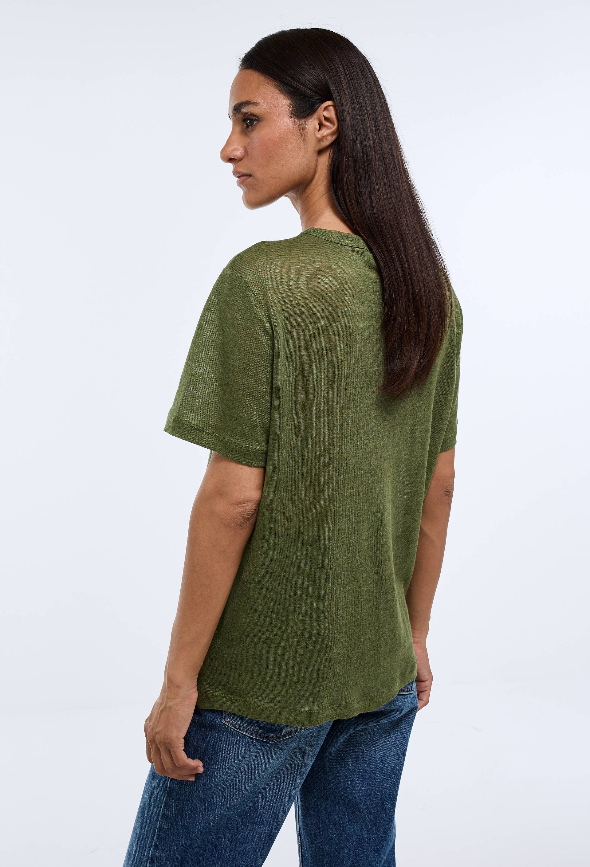 T-shirt &agrave; manches courtes uni en lin, Vert fonc&eacute;, large image number 1