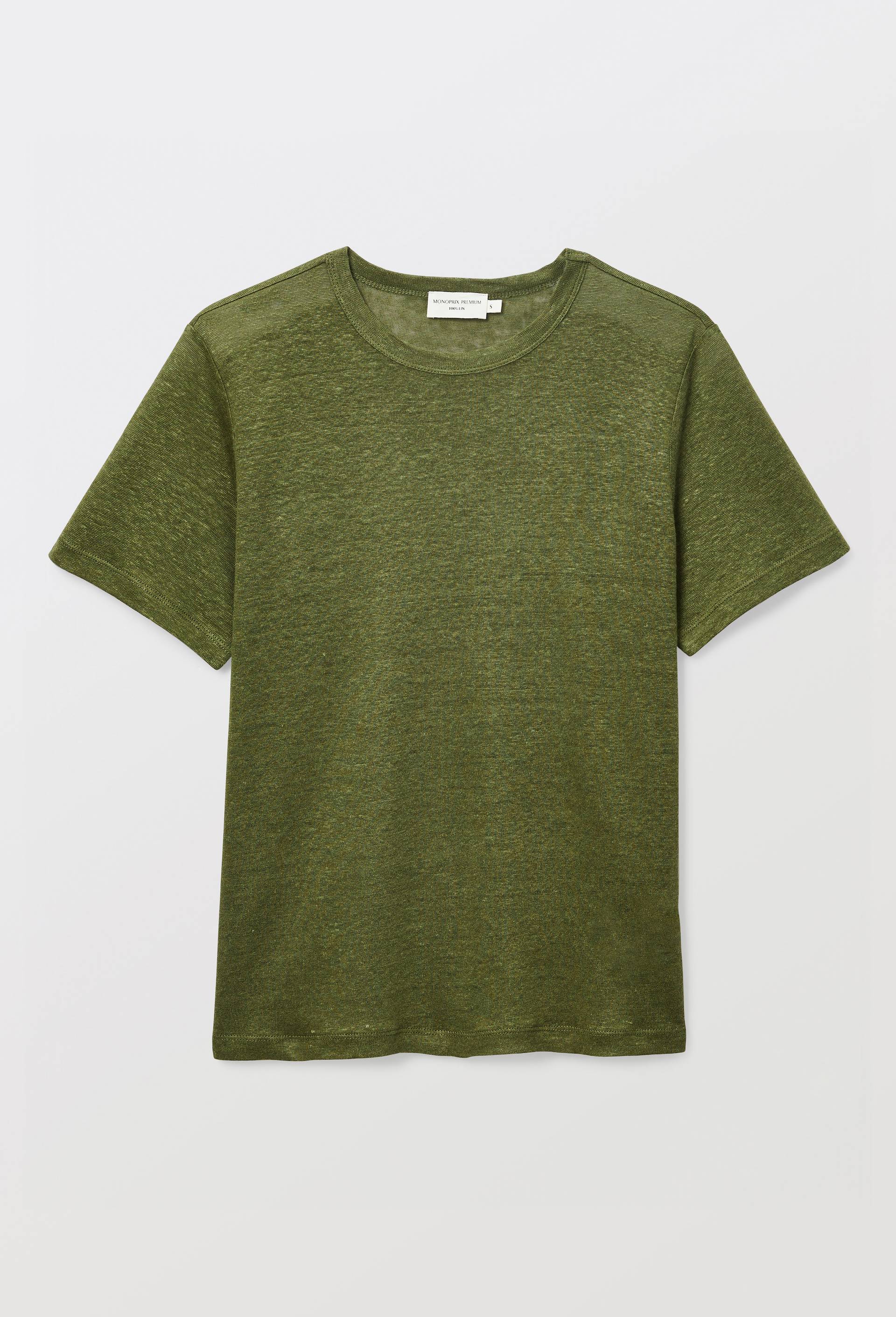 T-shirt &agrave; manches courtes uni en lin, Vert fonc&eacute;, large image number 2