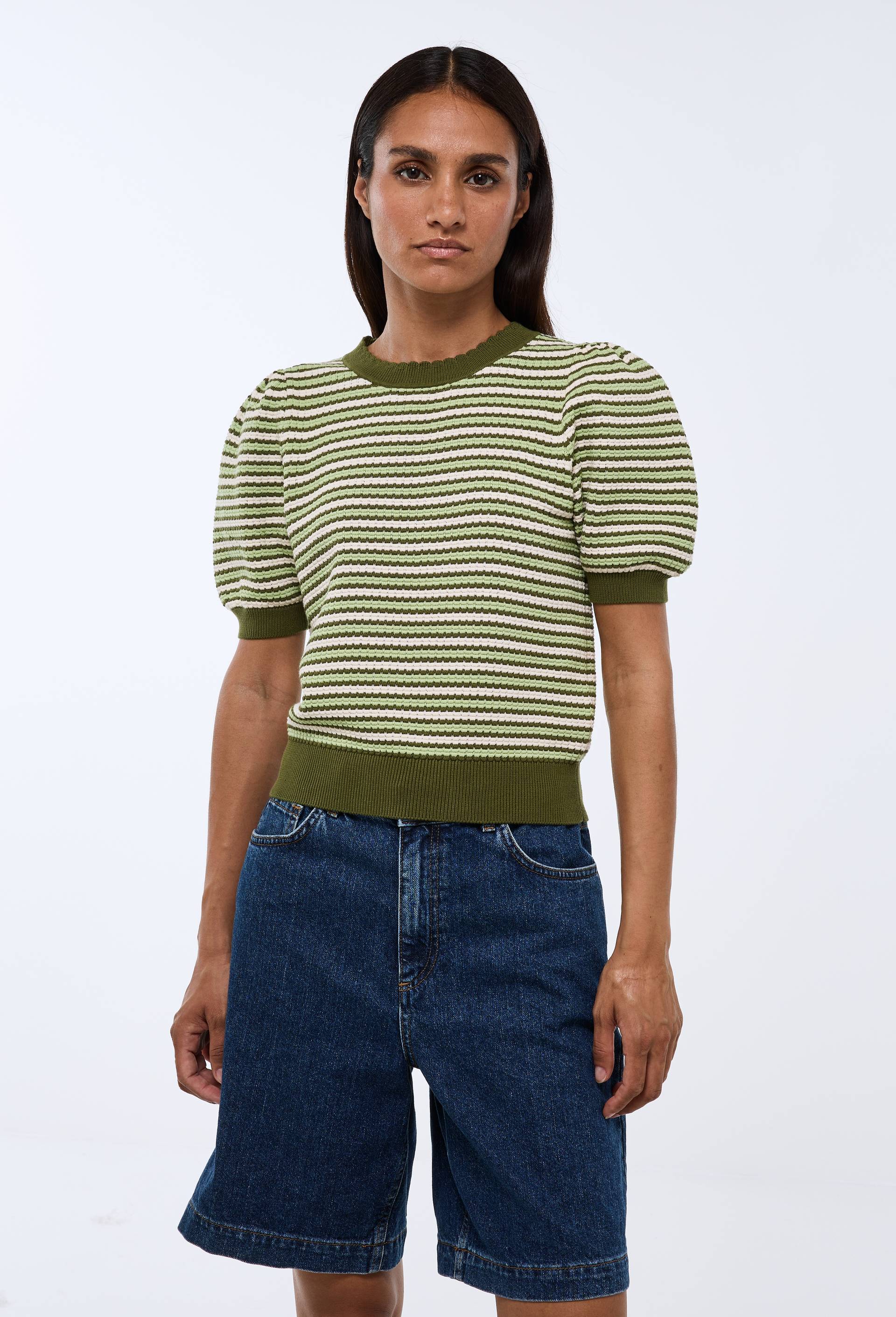 Pull manches courtes &agrave; rayures, Vert, swatch image