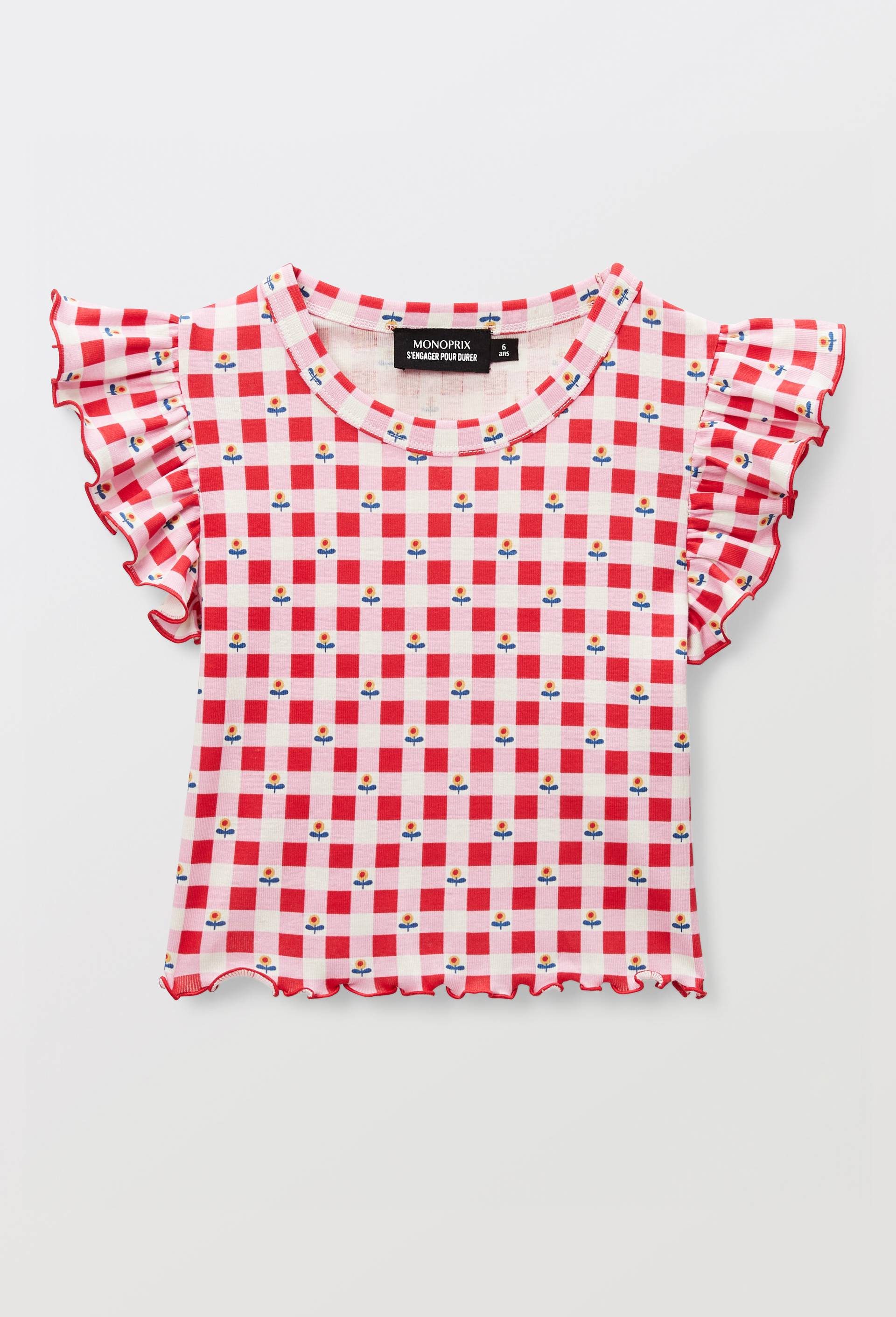 T-shirt manches volantes imprim&eacute; en coton, Rouge, large image number 1