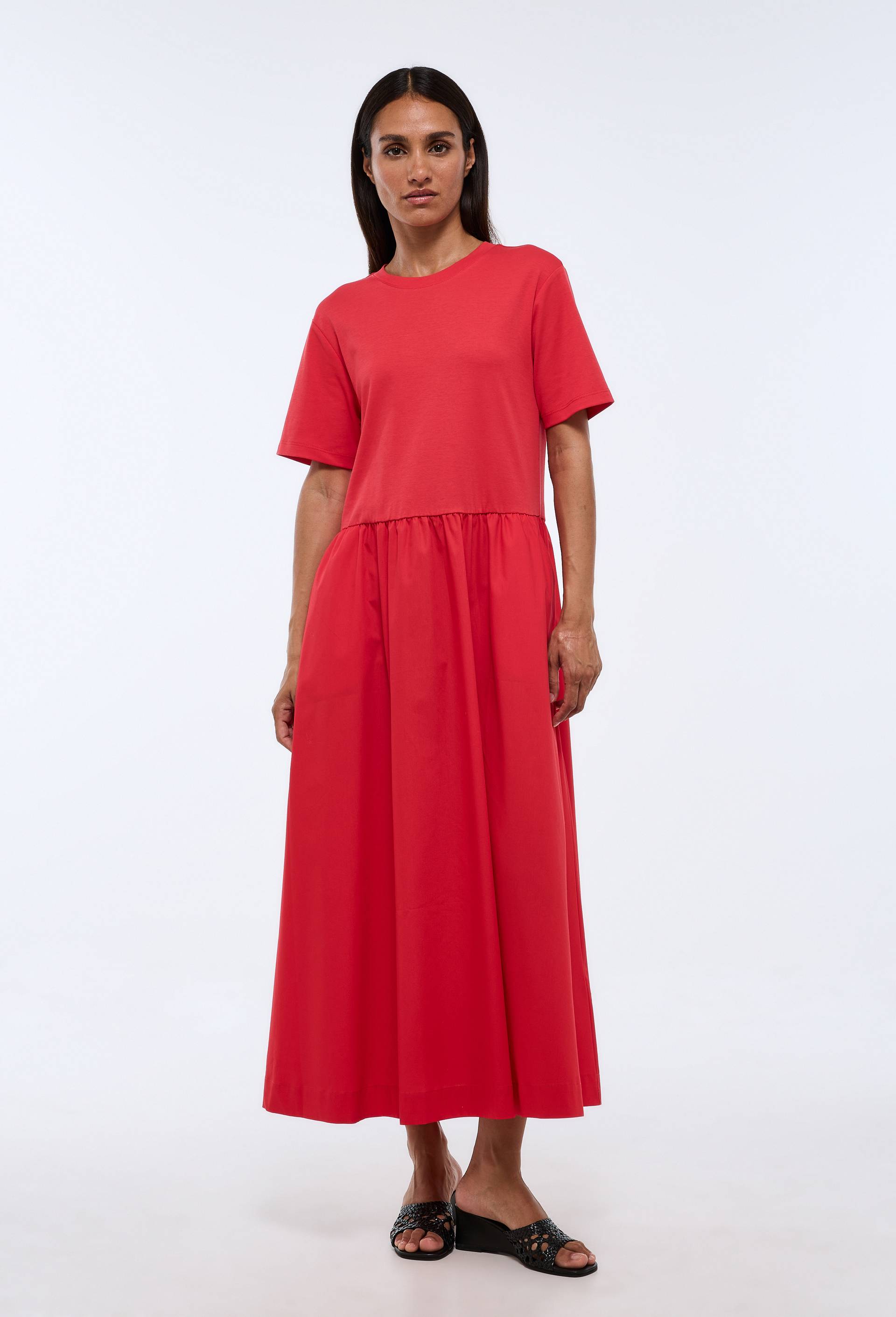 Robe longue bi-mati&egrave;re unie, Rouge, large image number 1
