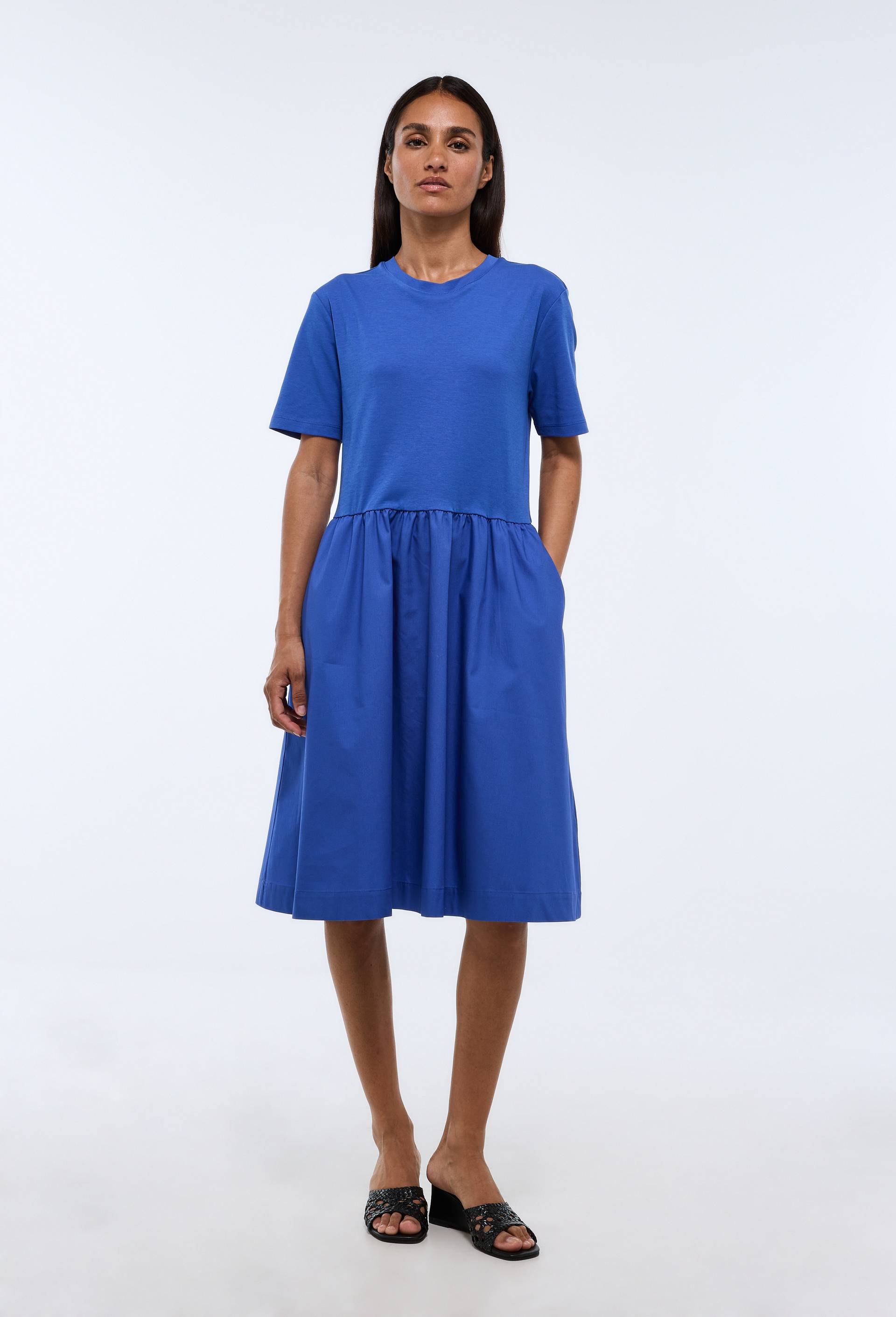 Robe courte bi-mati&egrave;re unie en coton BIO, Bleu, large image number 0