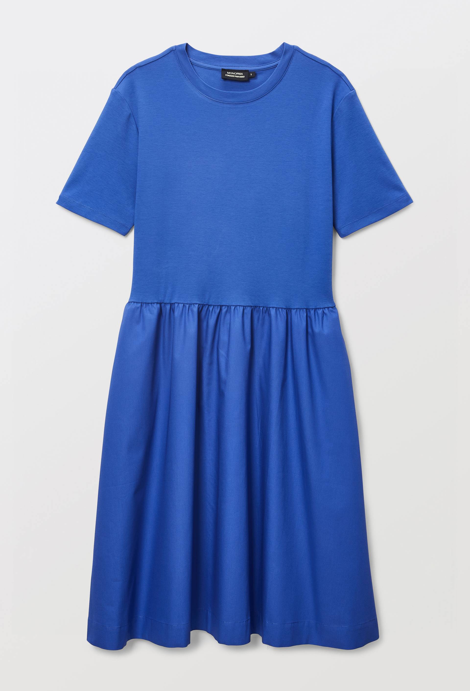 Robe courte bi-mati&egrave;re unie en coton BIO, Bleu, large image number 2