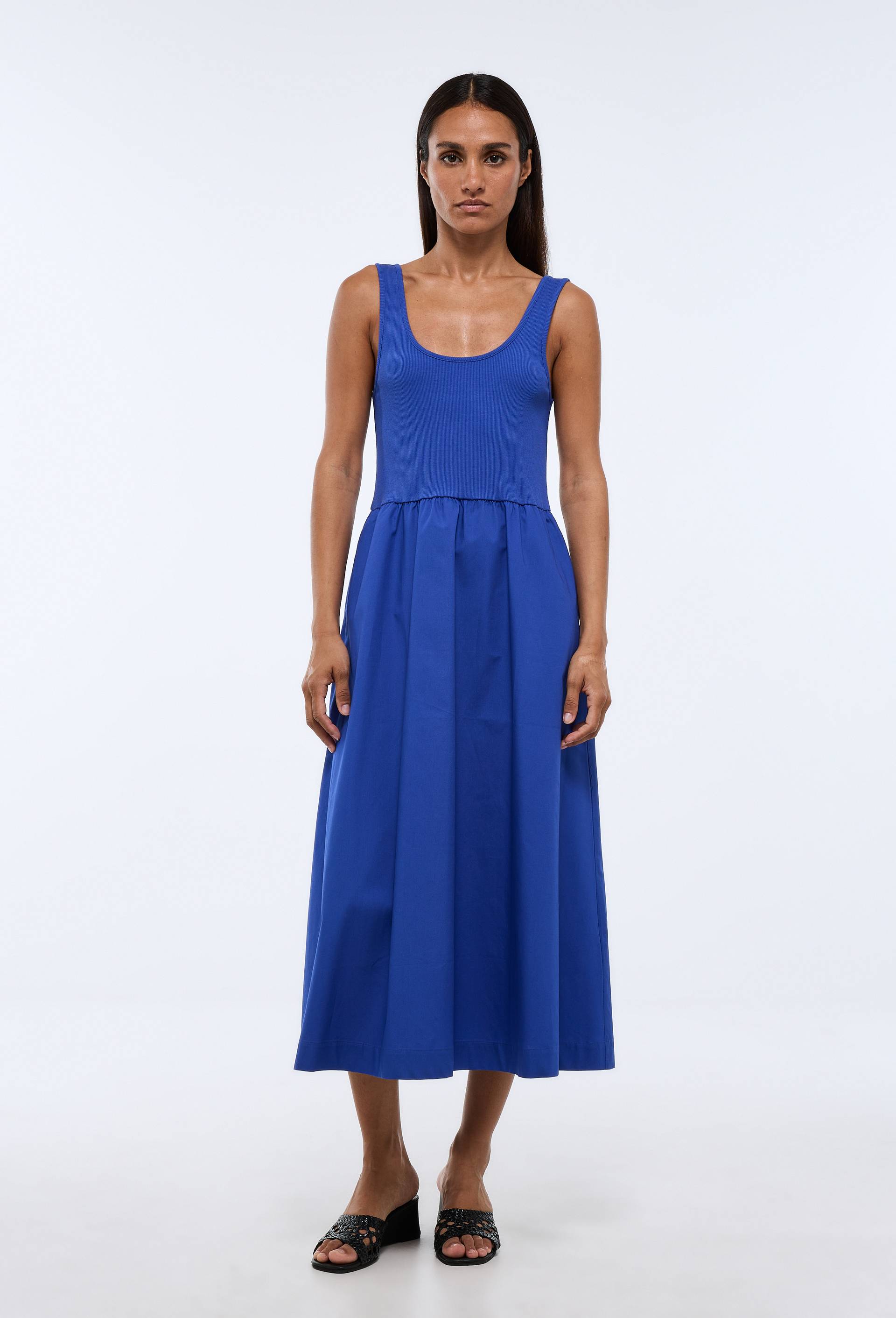 Robe longue bi-mati&egrave;re unie en coton, Bleu, large image number 0