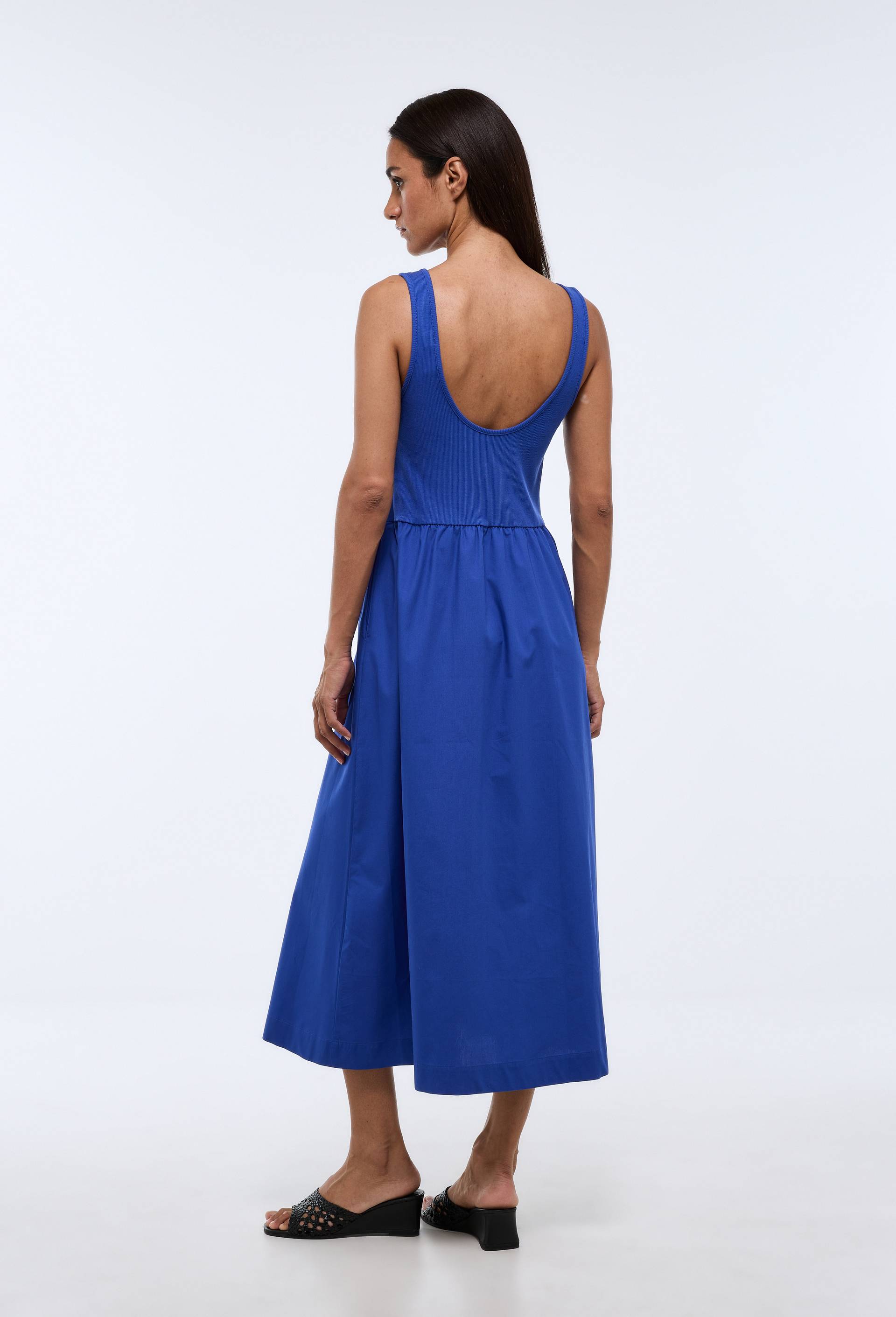 Robe longue bi-mati&egrave;re unie en coton, Bleu, large image number 1.0