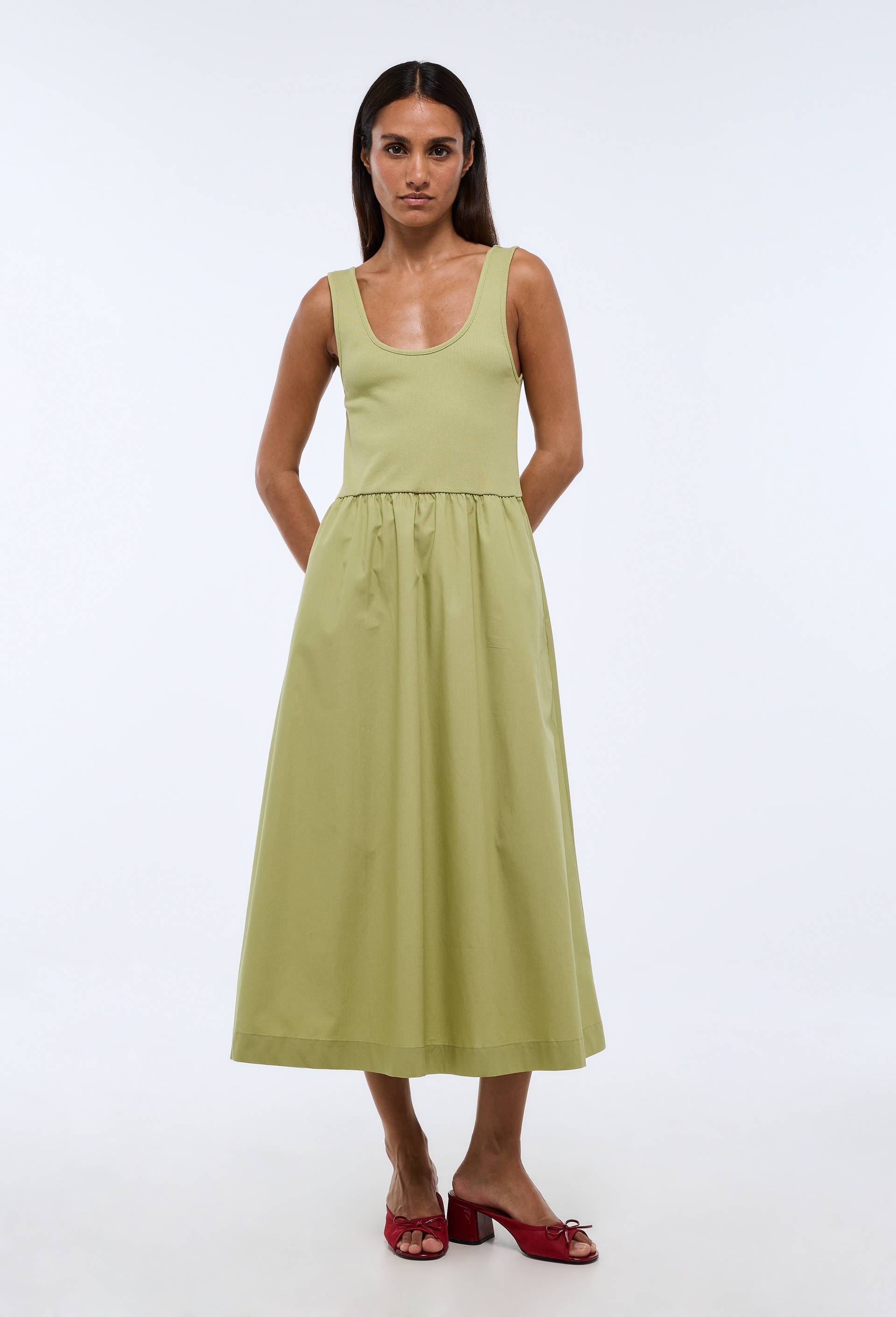 Robe longue bi-mati&egrave;re unie en coton, Vert, large image number 0.0