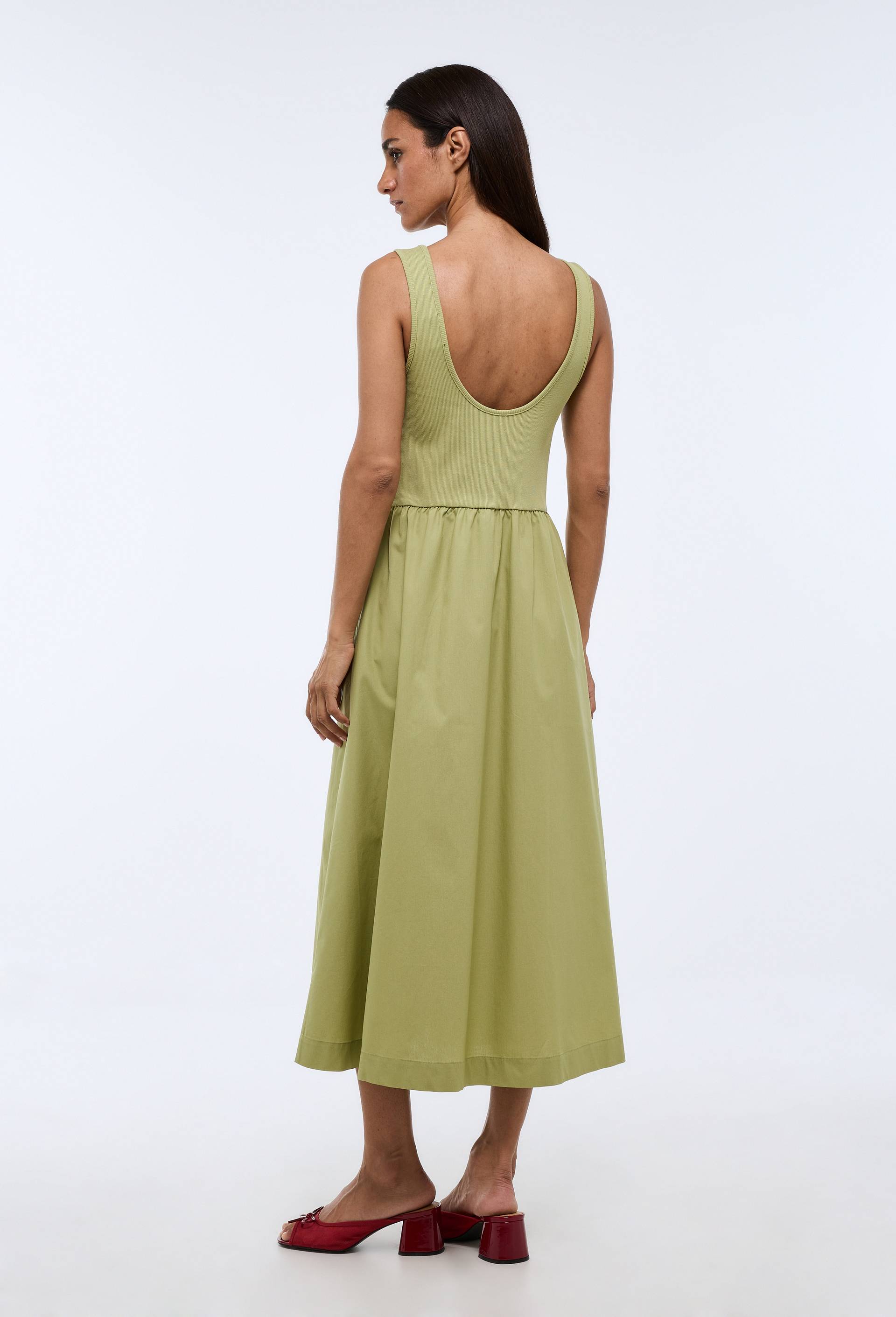 Robe longue bi-mati&egrave;re unie en coton, Vert, large image number 1