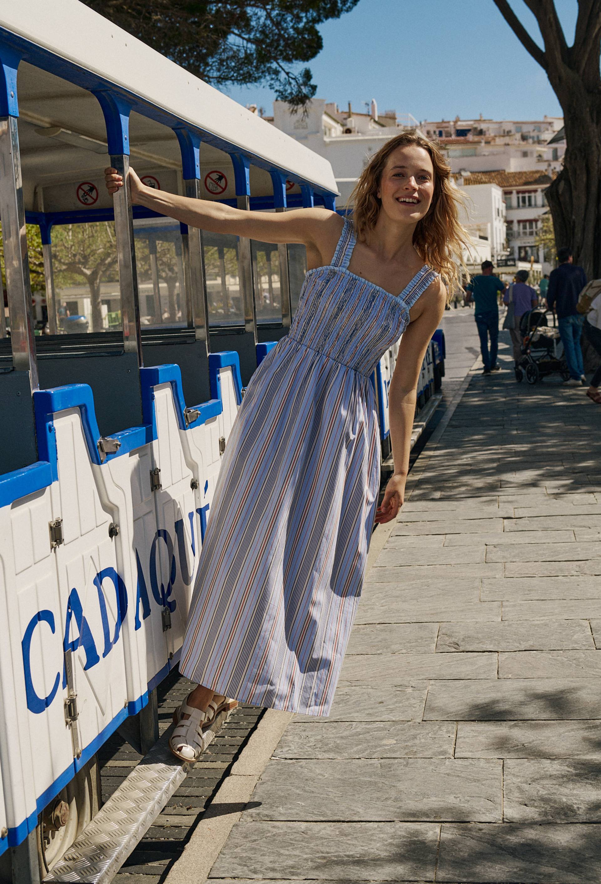Robe midi smock&eacute;e et ray&eacute;e avec bretelles amovibles en coton BIO GOTS, Bleu clair, large image number 0