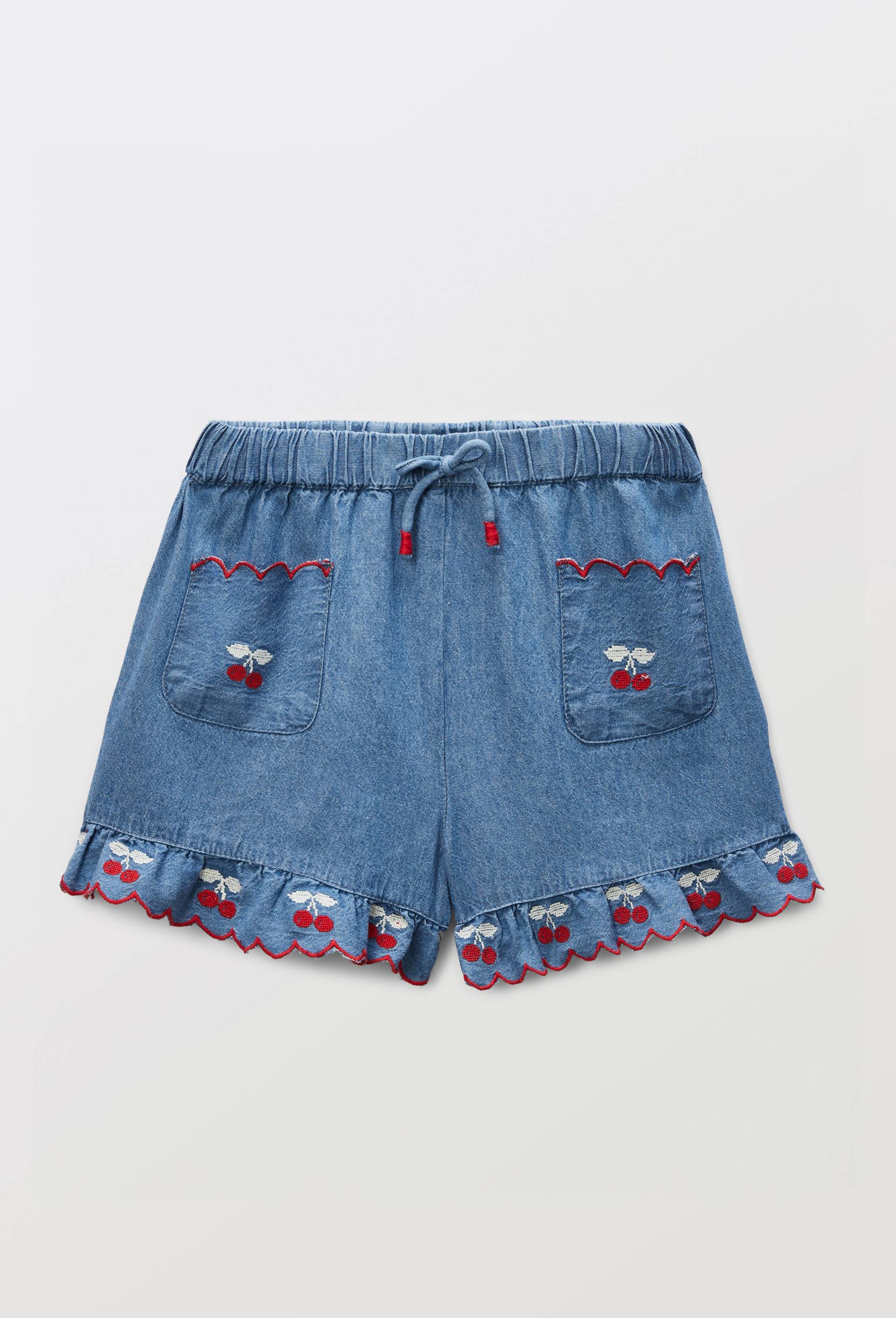Short en denim broderies cerises, Bleu fonc&eacute;, large image number 1.0