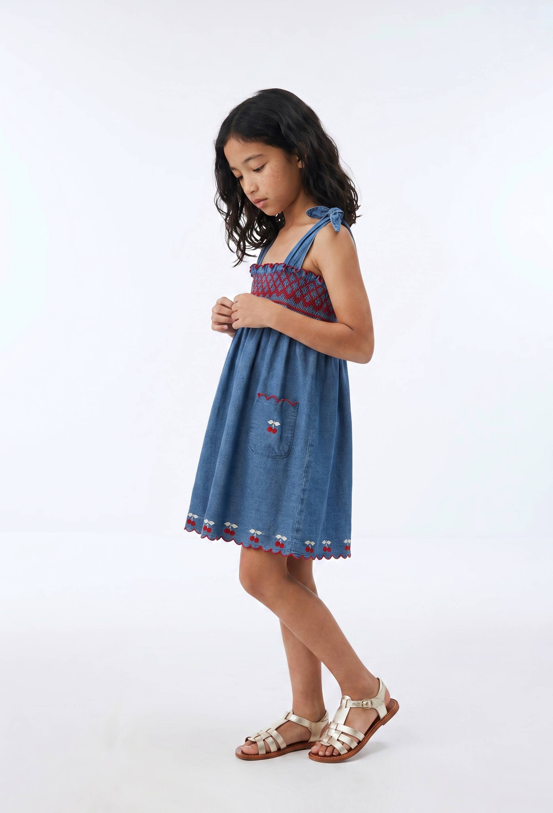 Robe en jean broderies cerises en coton, Bleu fonc&eacute;, large image number 0