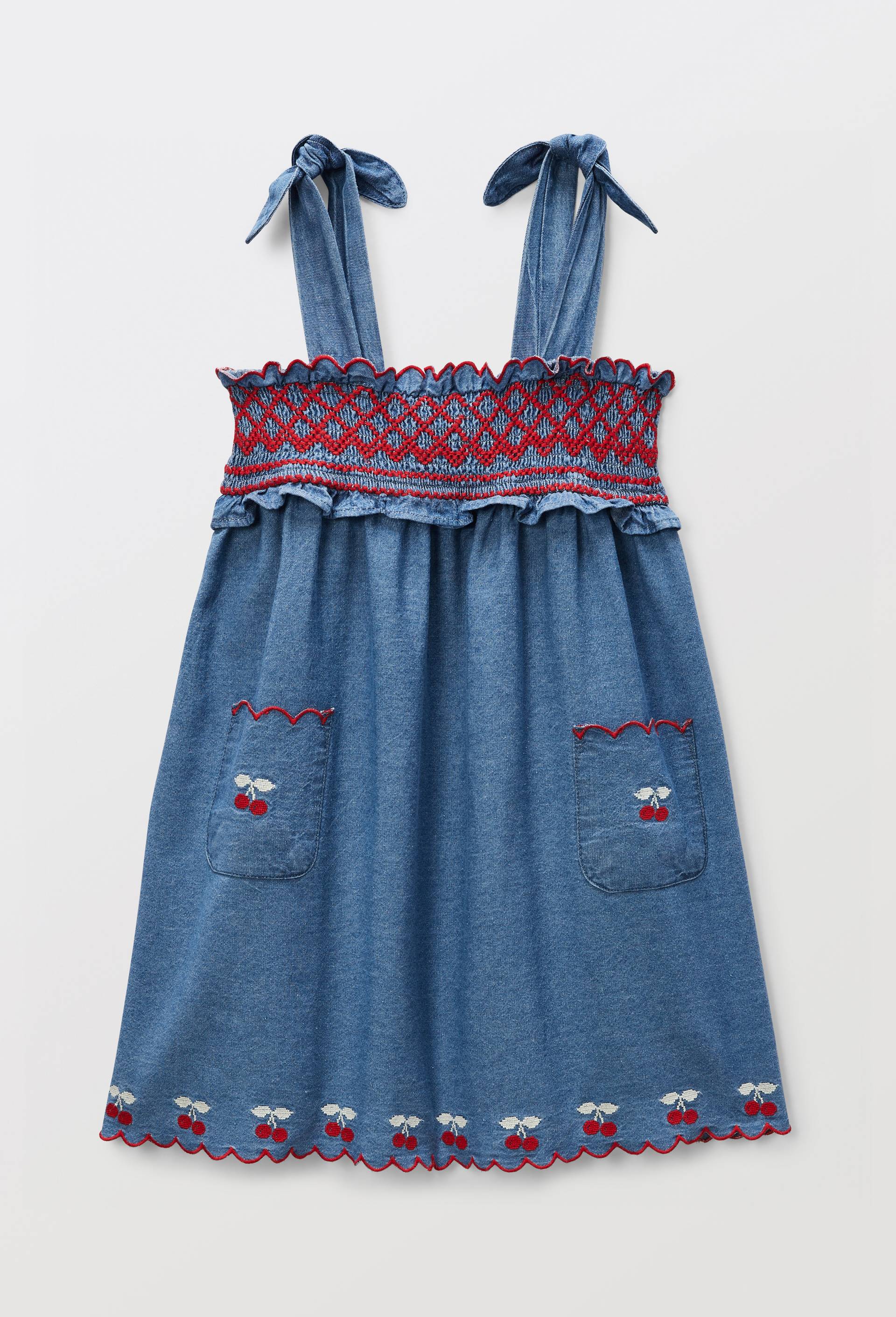 Robe en jean broderies cerises en coton, Bleu fonc&eacute;, large image number 1.0