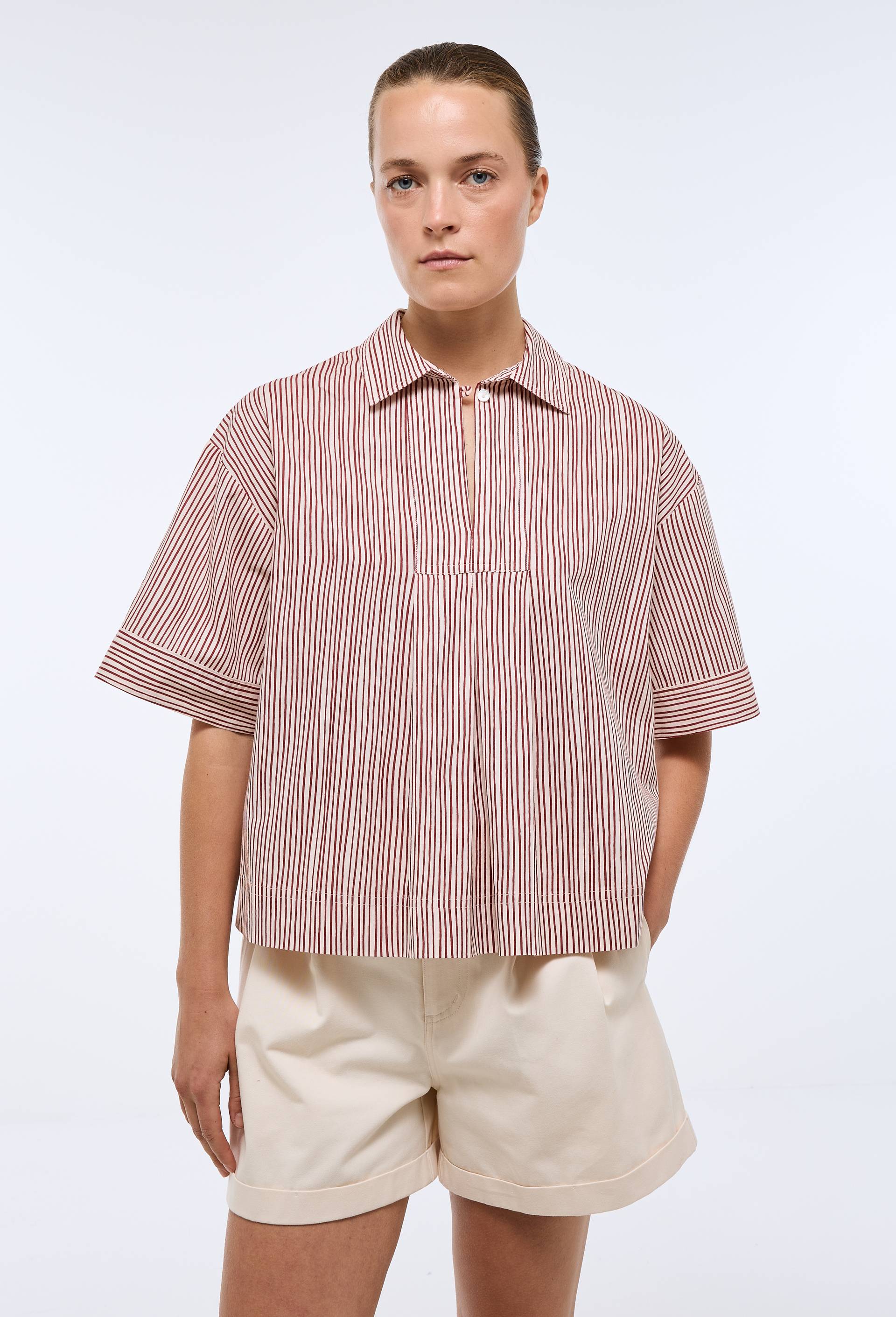 Blouse manches courtes ray&eacute;e en coton BIO GOTS, Rouge, large image number 0.0