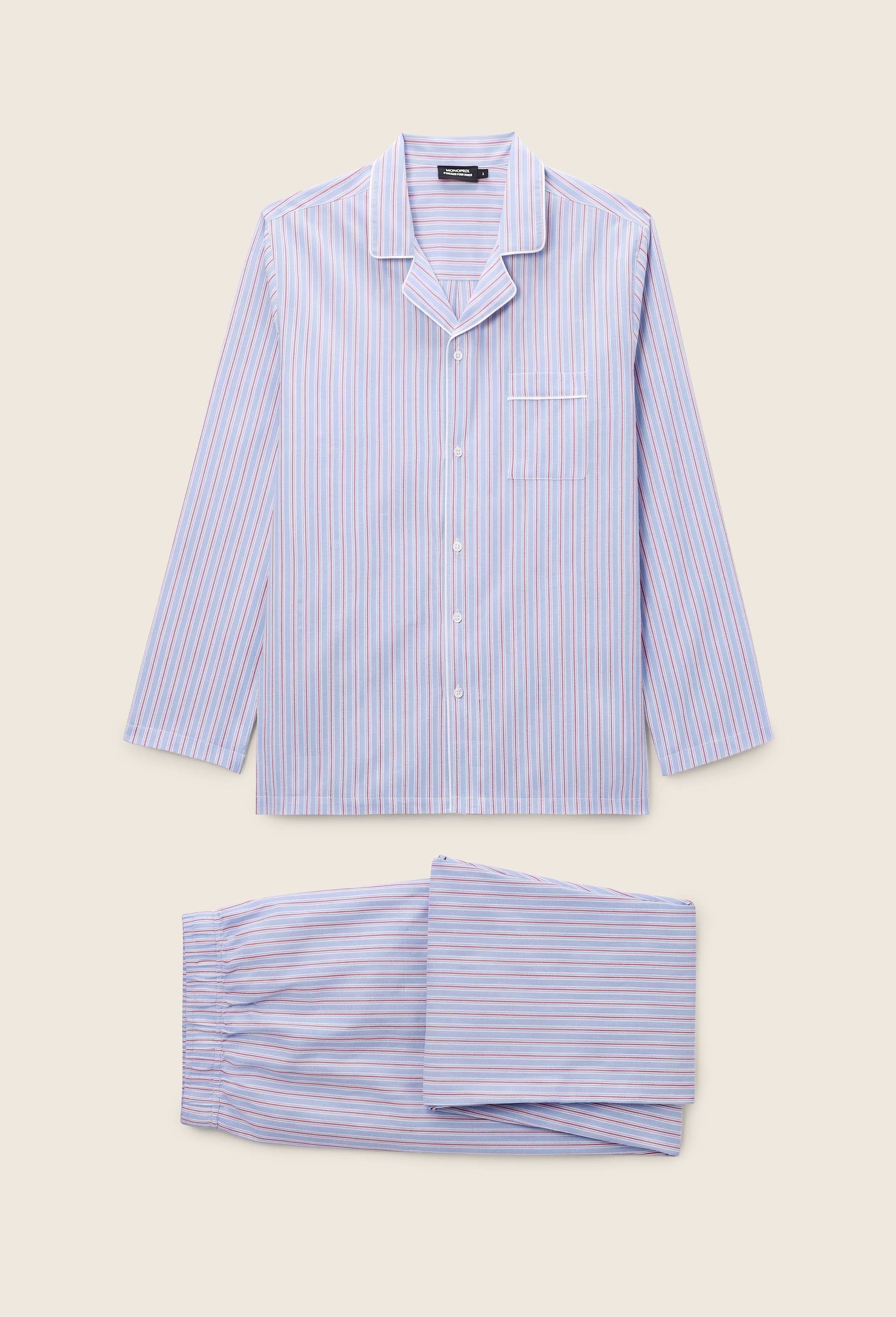 Pyjama chemise manches longues et pantalon gratt&eacute; en coton BIO GOTS, Bleu fonc&eacute;, large image number 0