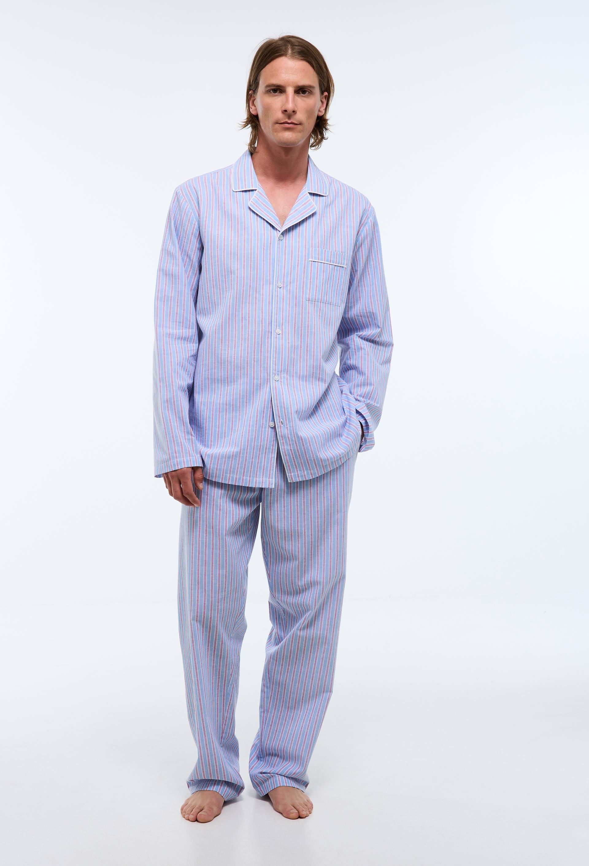 Pyjama chemise manches longues et pantalon gratt&eacute; en coton BIO GOTS, Bleu fonc&eacute;, large image number 1.0