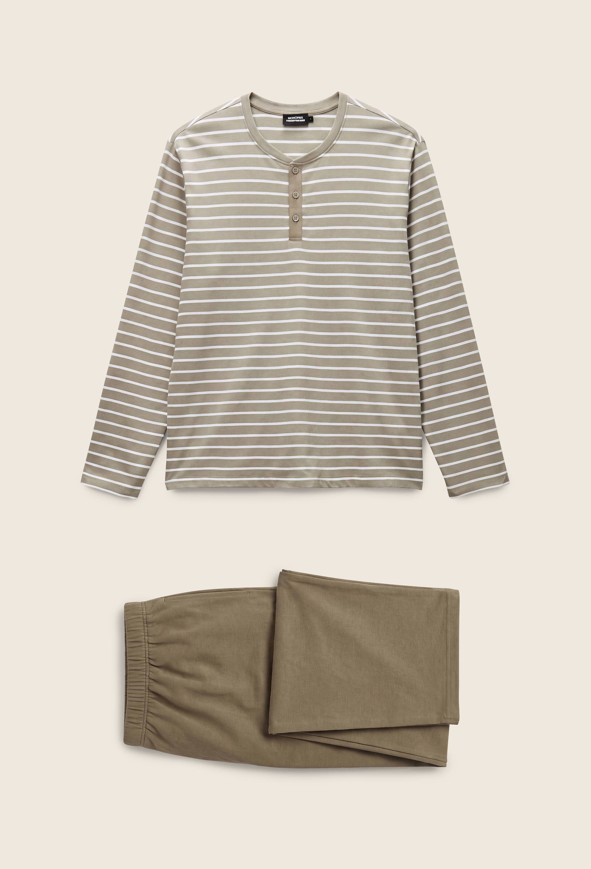 Pyjama T-shirt manches longues ray&eacute; et pantalon en jersey de coton BIO GOTS, Vert, large image number 0