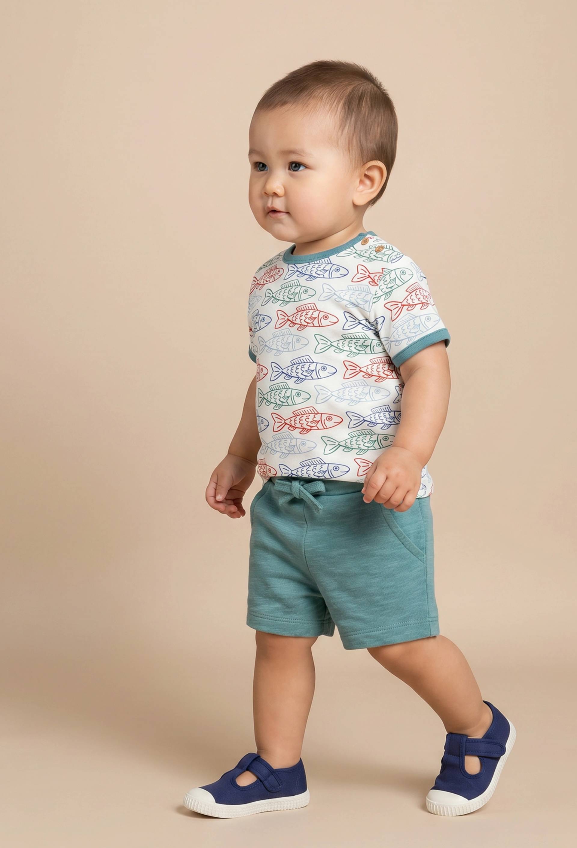 Short taille &eacute;lastique uni en molleton en coton BIO GOTS, Vert, large image number 0