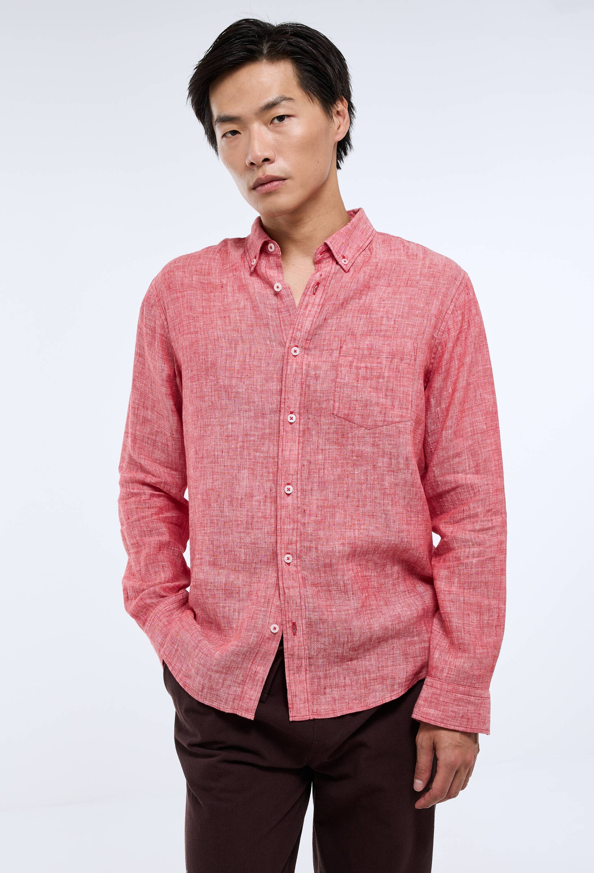 Chemise manches longues chambray en lin, Rouge, large image number 0