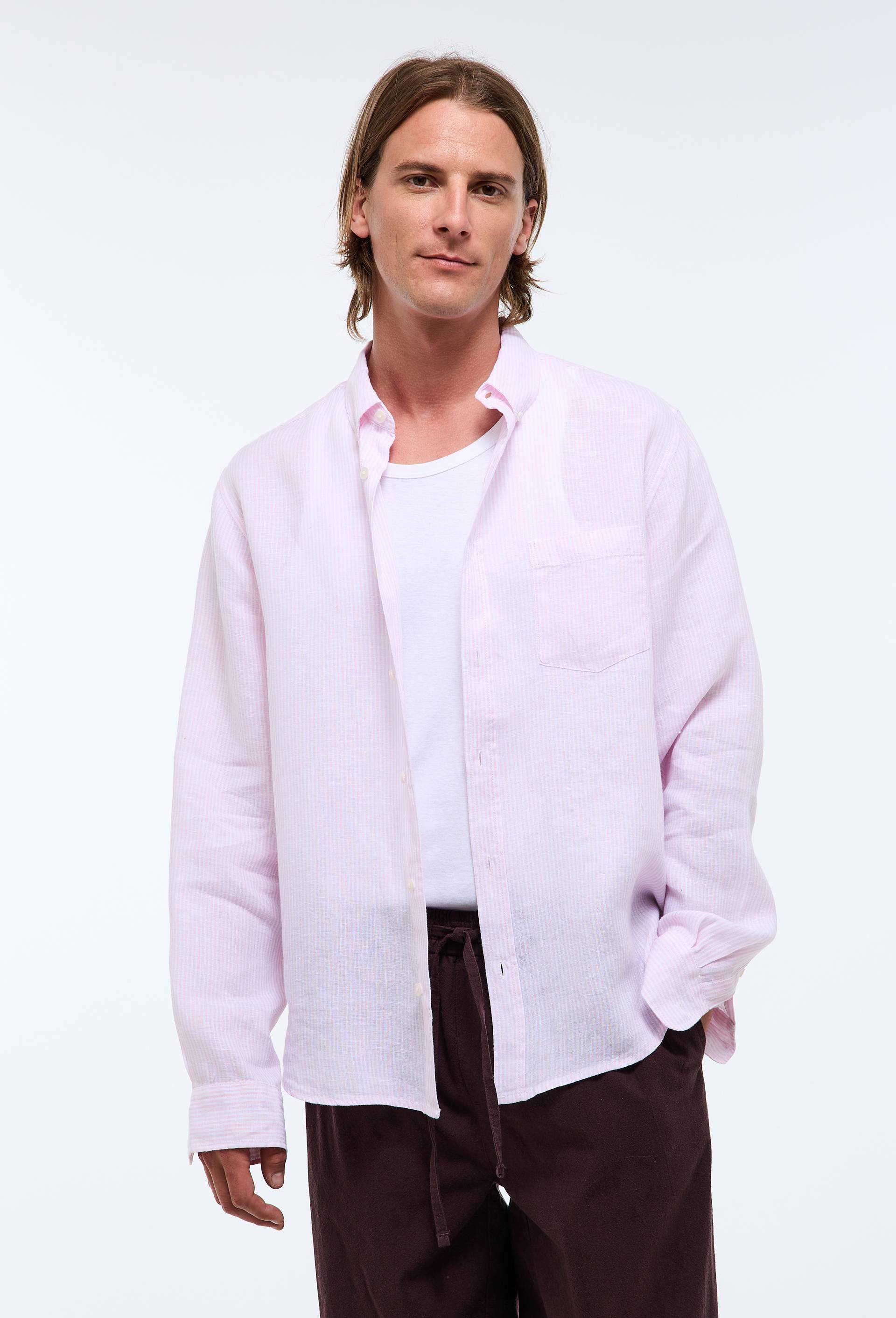 Chemise manches longues ray&eacute;e en lin, Rose, swatch image