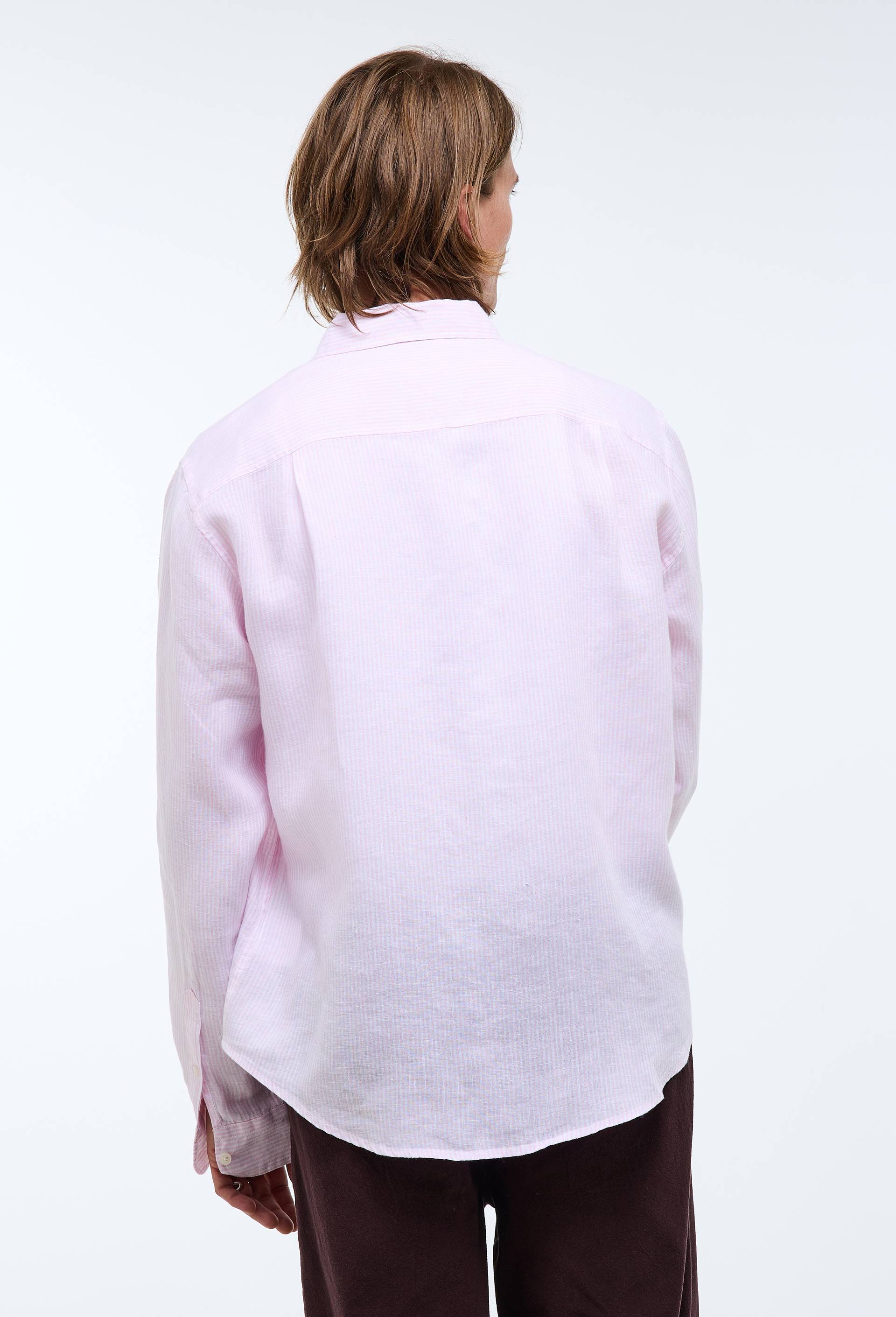 Chemise manches longues ray&eacute;e en lin, Rose, large image number 1