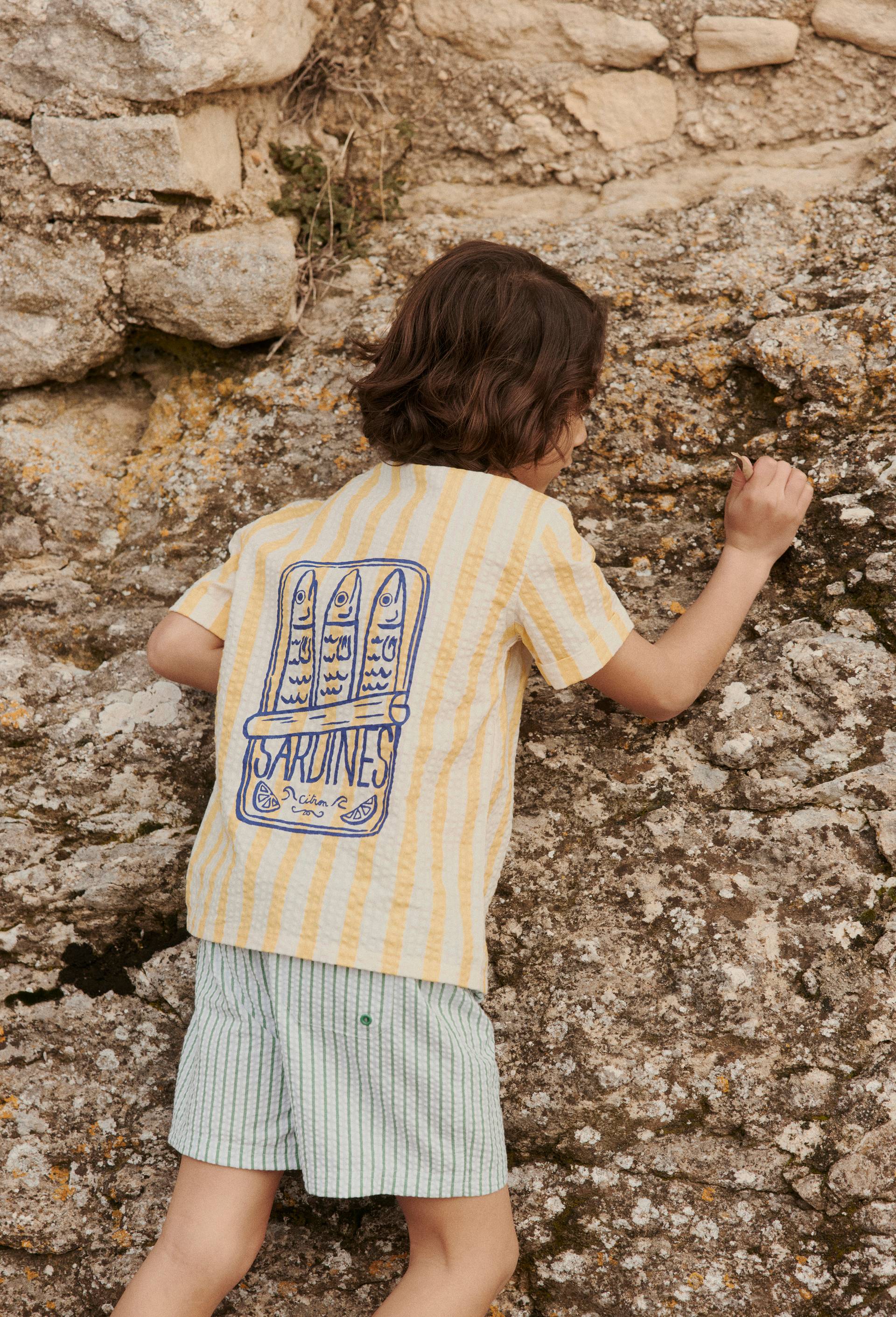 Chemise manches courtes imprim&eacute;e en seersucker en coton, Jaune, large image number 0.0