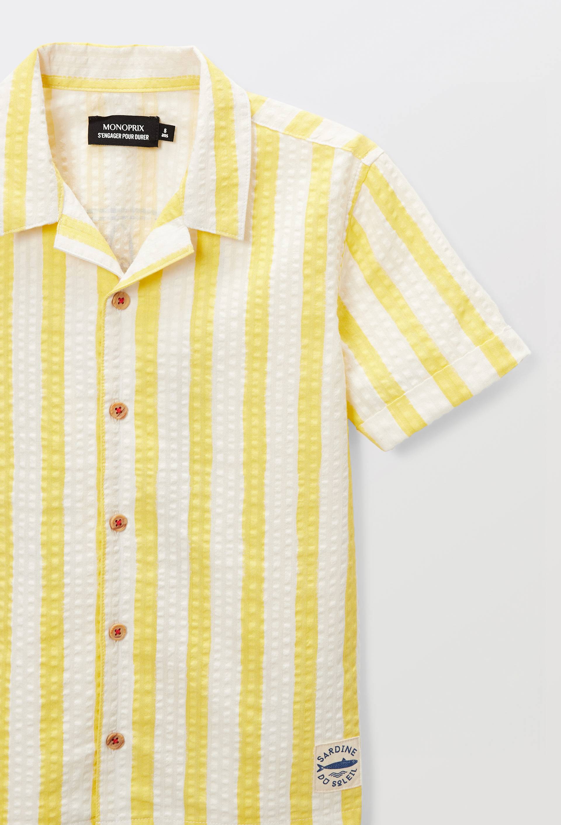 Chemise manches courtes imprim&eacute;e en seersucker en coton, Jaune, large image number 4