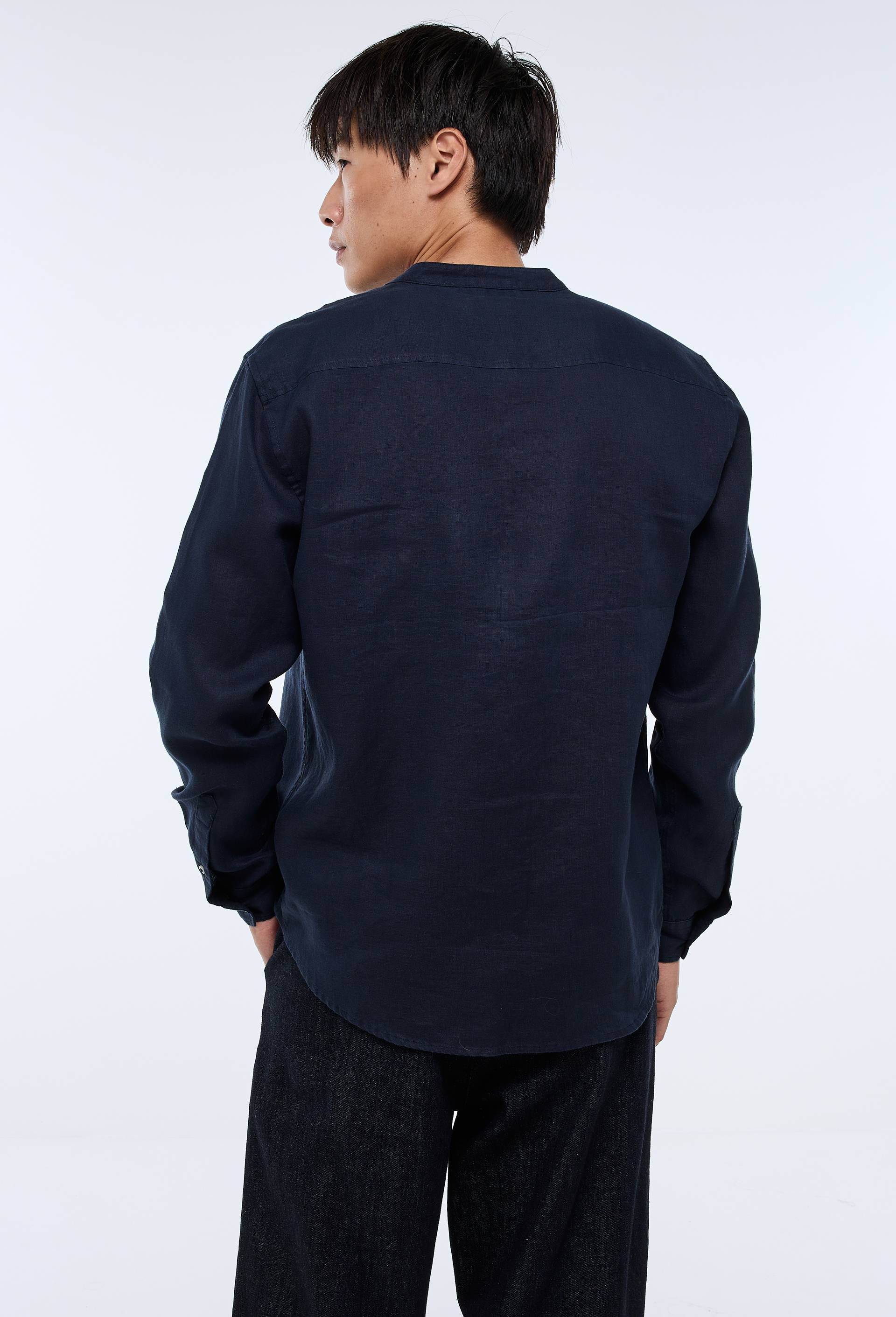 Chemise manches longues col mao en lin, Bleu fonc&eacute;, large image number 1