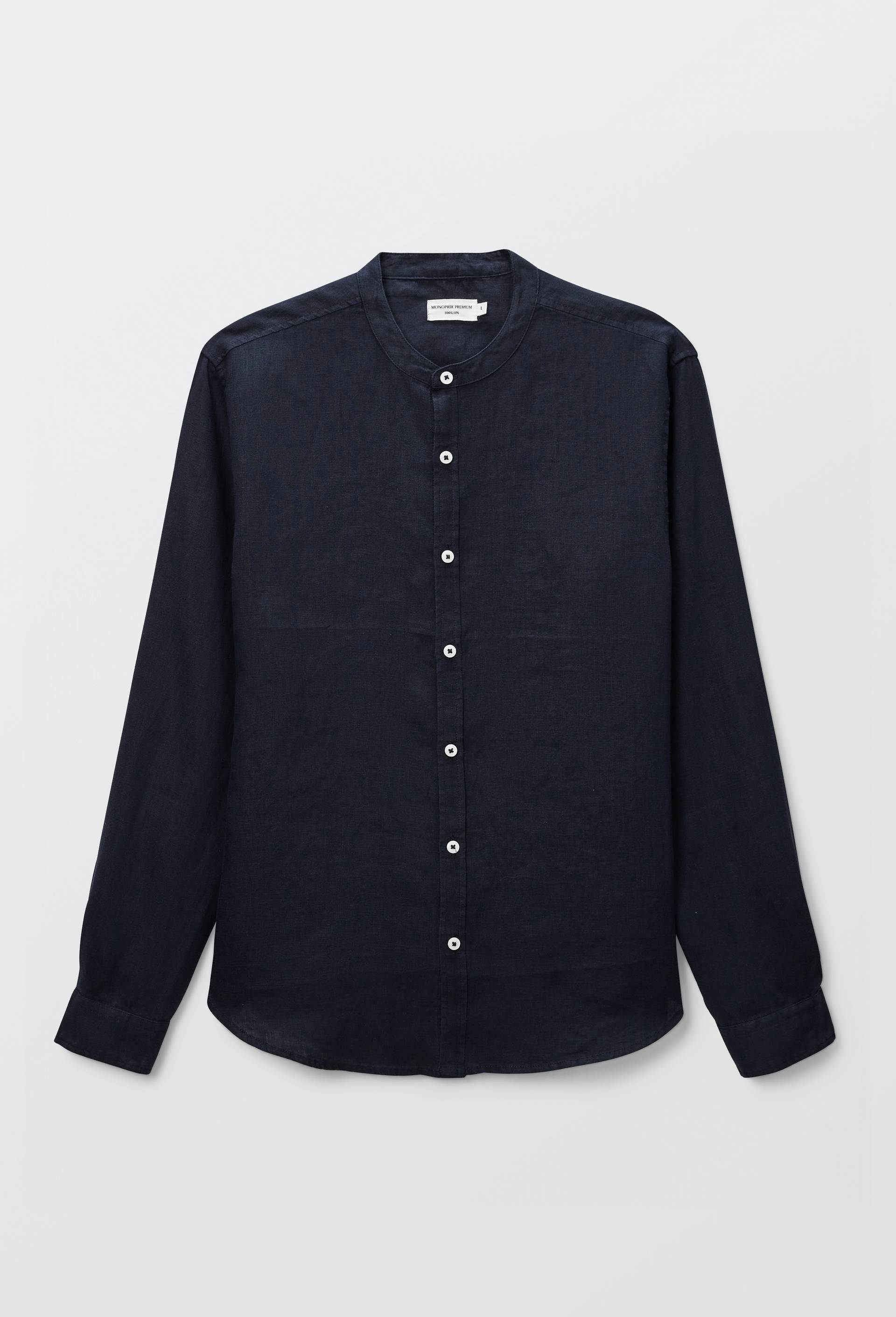 Chemise manches longues col mao en lin, Bleu fonc&eacute;, large image number 2