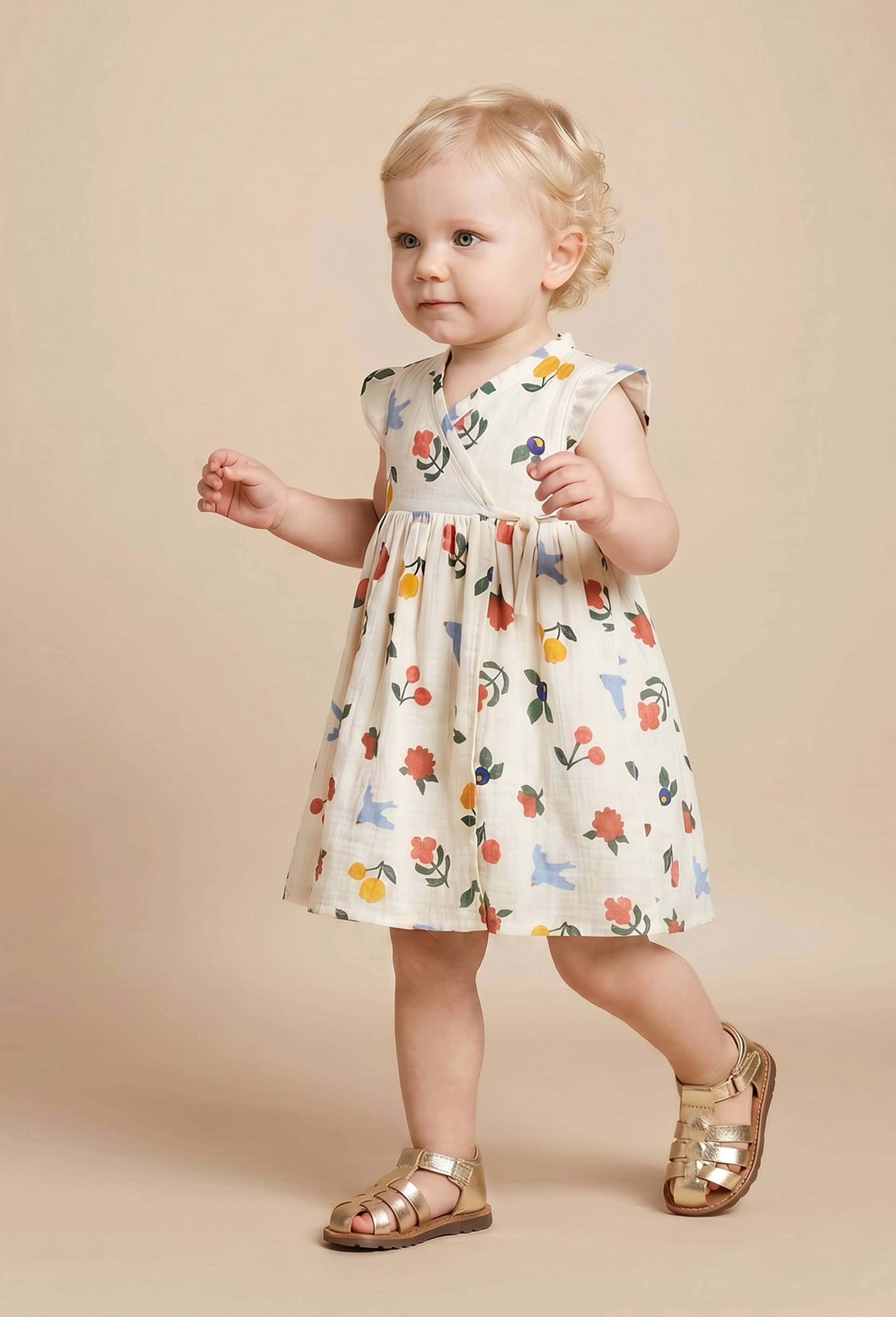 Robe portefeuille avec bloomer imprim&eacute;s en coton BIO GOTS, Beige clair, large image number 0.0