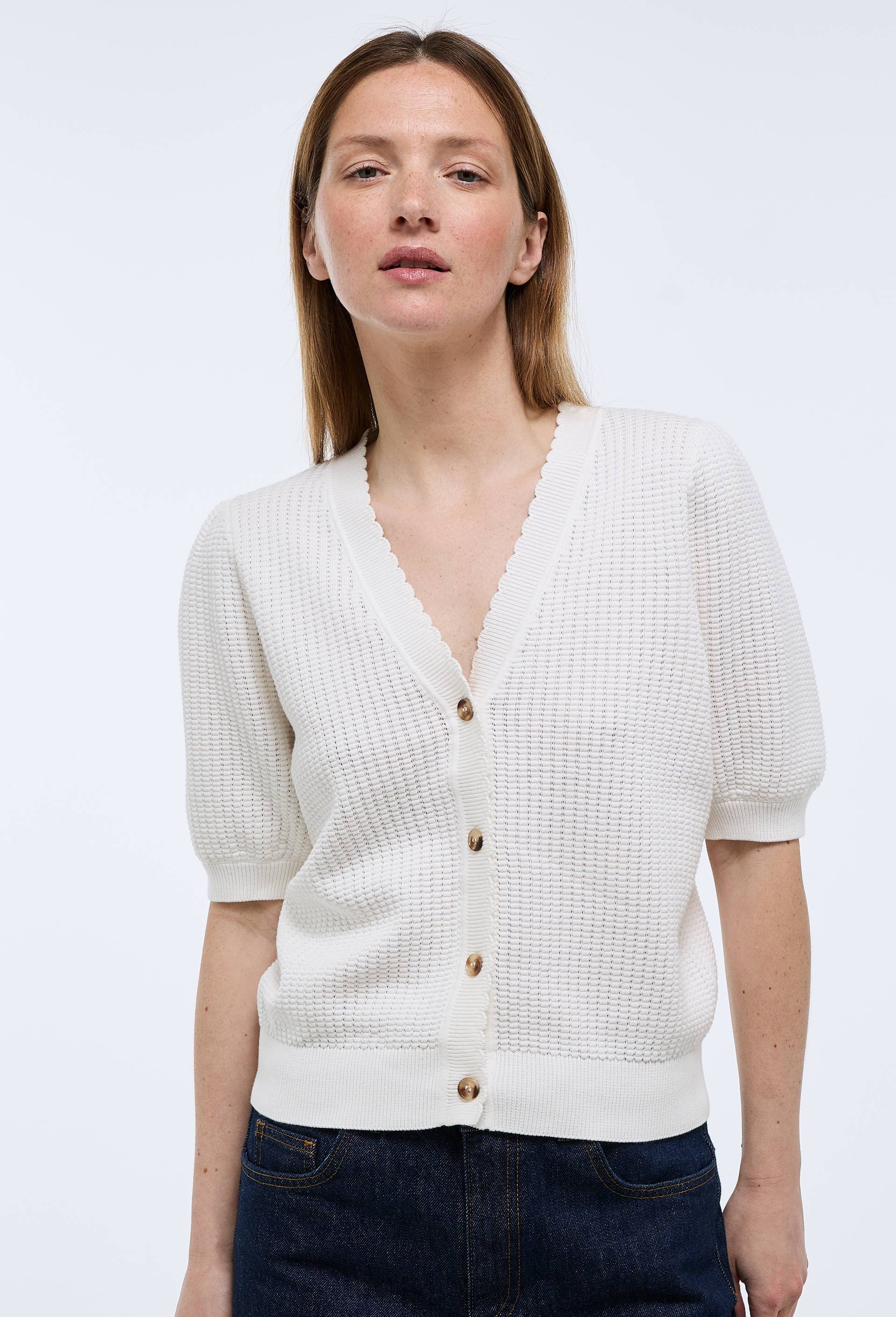 Cardigan manches courtes en coton BIO GOTS, Ecru, large image number 0.0