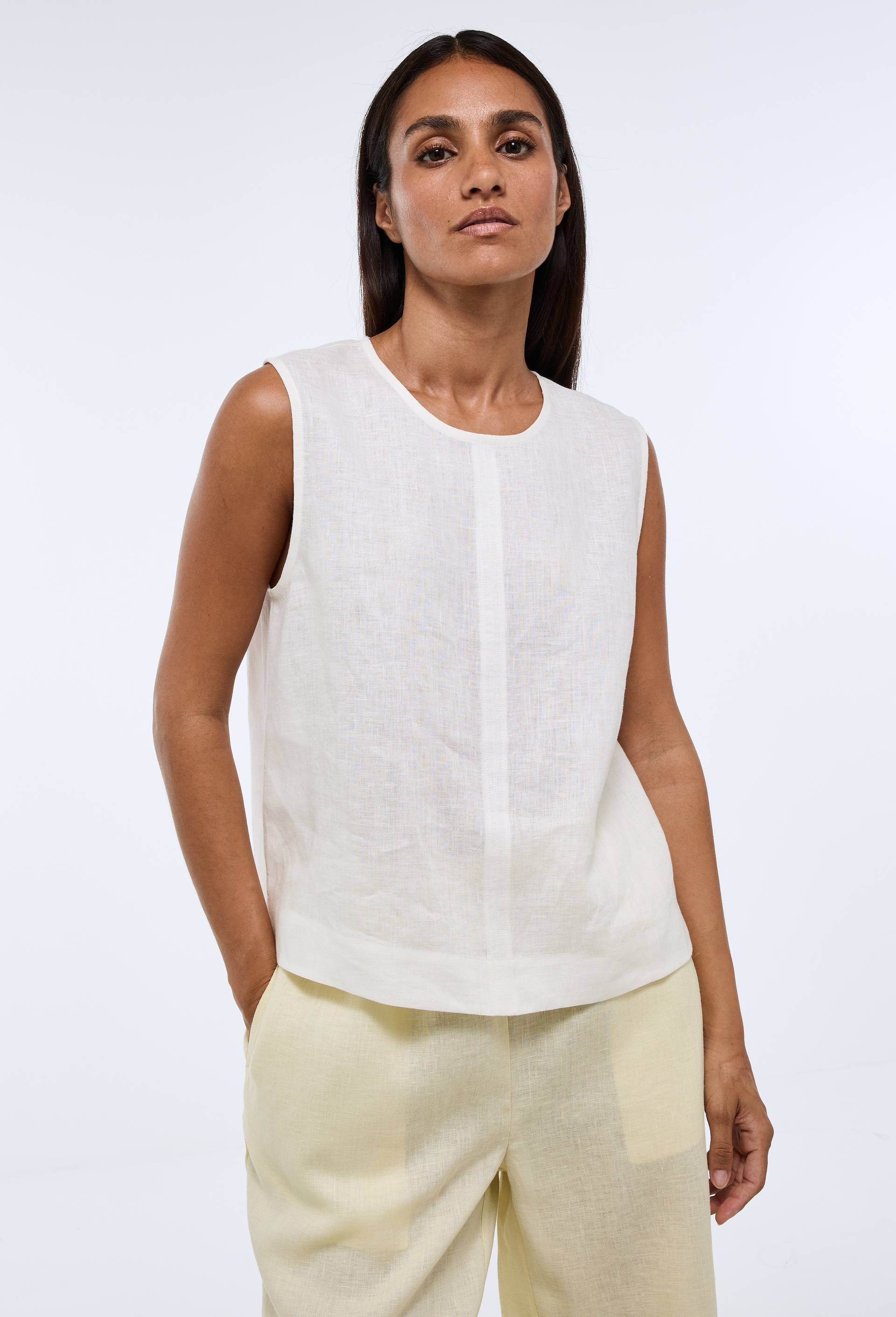 Top sans manches uni en lin, Ecru, swatch image