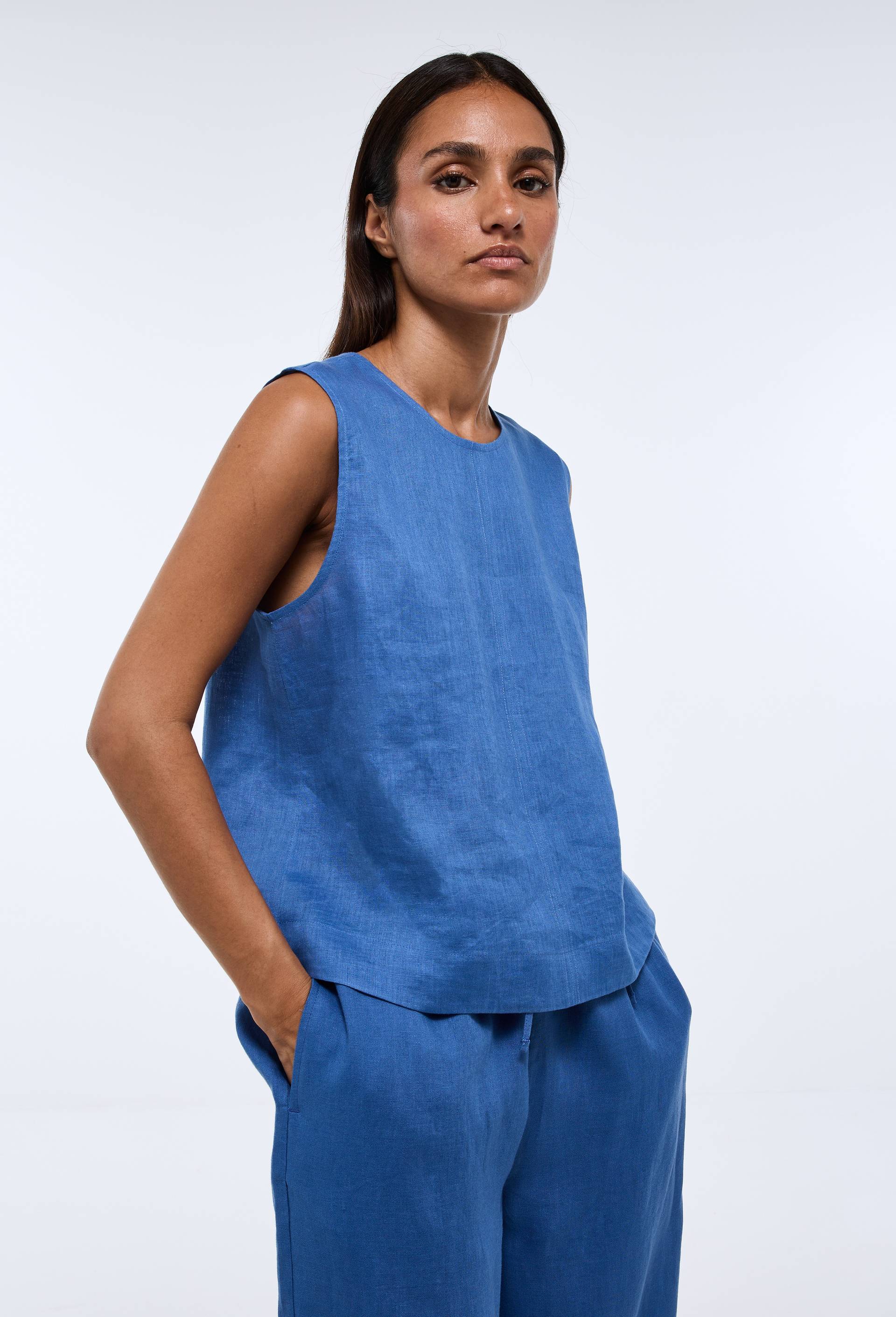 Top sans manches uni en lin, Bleu, large image number 0