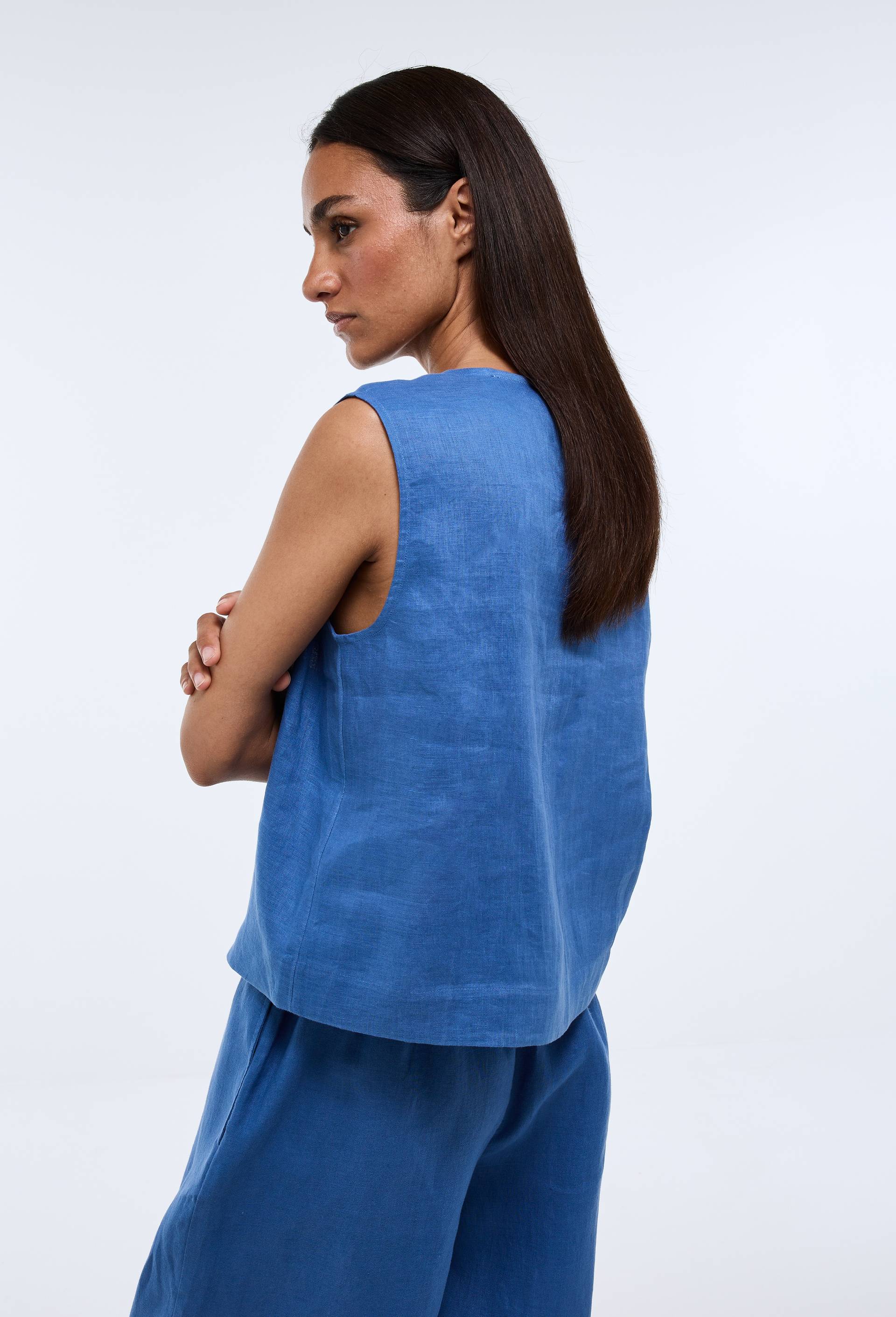 Top sans manches uni en lin, Bleu, large image number 1.0