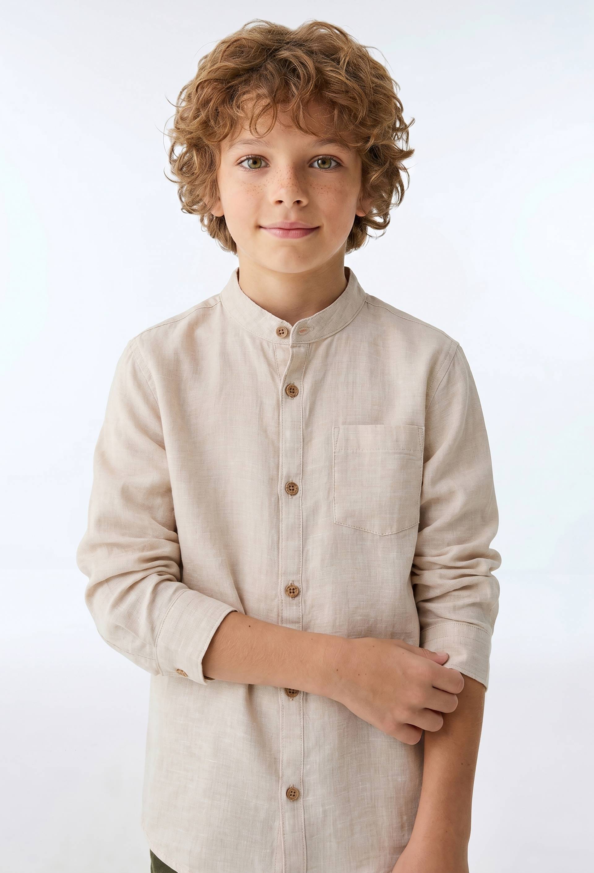 Chemise col mao unie en 100% lin, Beige, large image number 0
